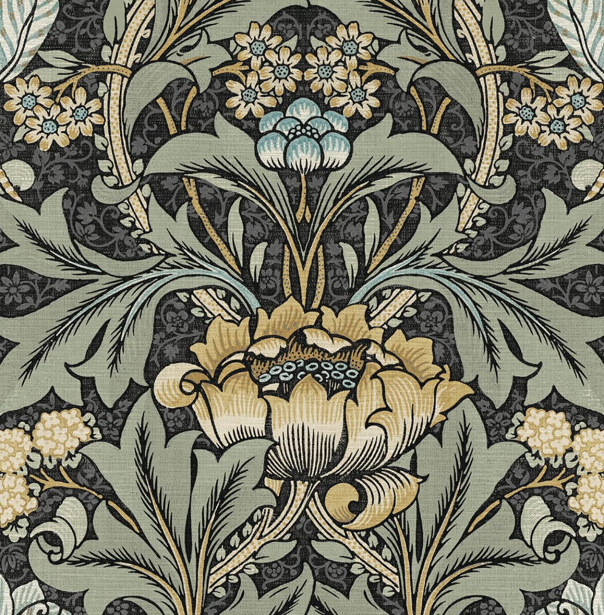 Acanthus Floral Vintage Prepasted Wallpaper (Charocal & Goldenrod)