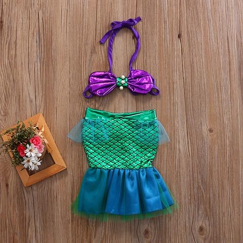 Miniatura 2 de Traje de baño de sirena de 2 piezas para bebé, parte superior corta+falda de cola de sirena, vestido de princesa para cosplay, conjunto de playa