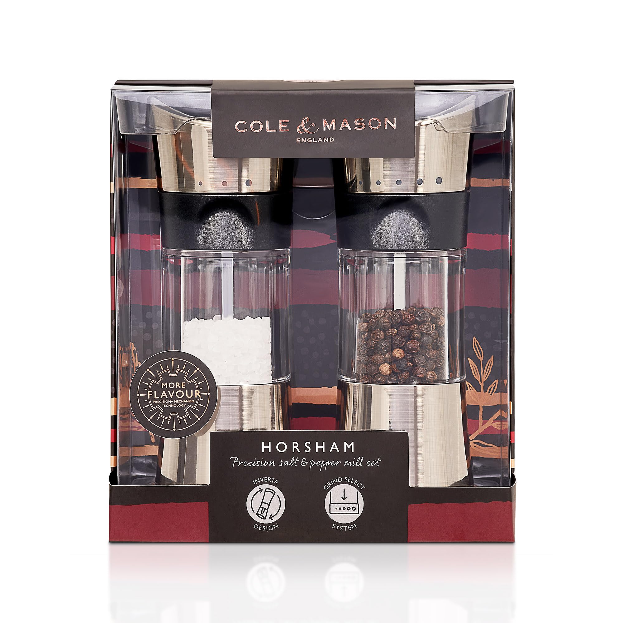 Cole & Mason H306598P Horsham Cromo Macina Sale e Pepe, Precision+, Macinatura Regolabile, Cromo, Acrilico, 154mm, Pacco Regalo, Include 2 x Mulini