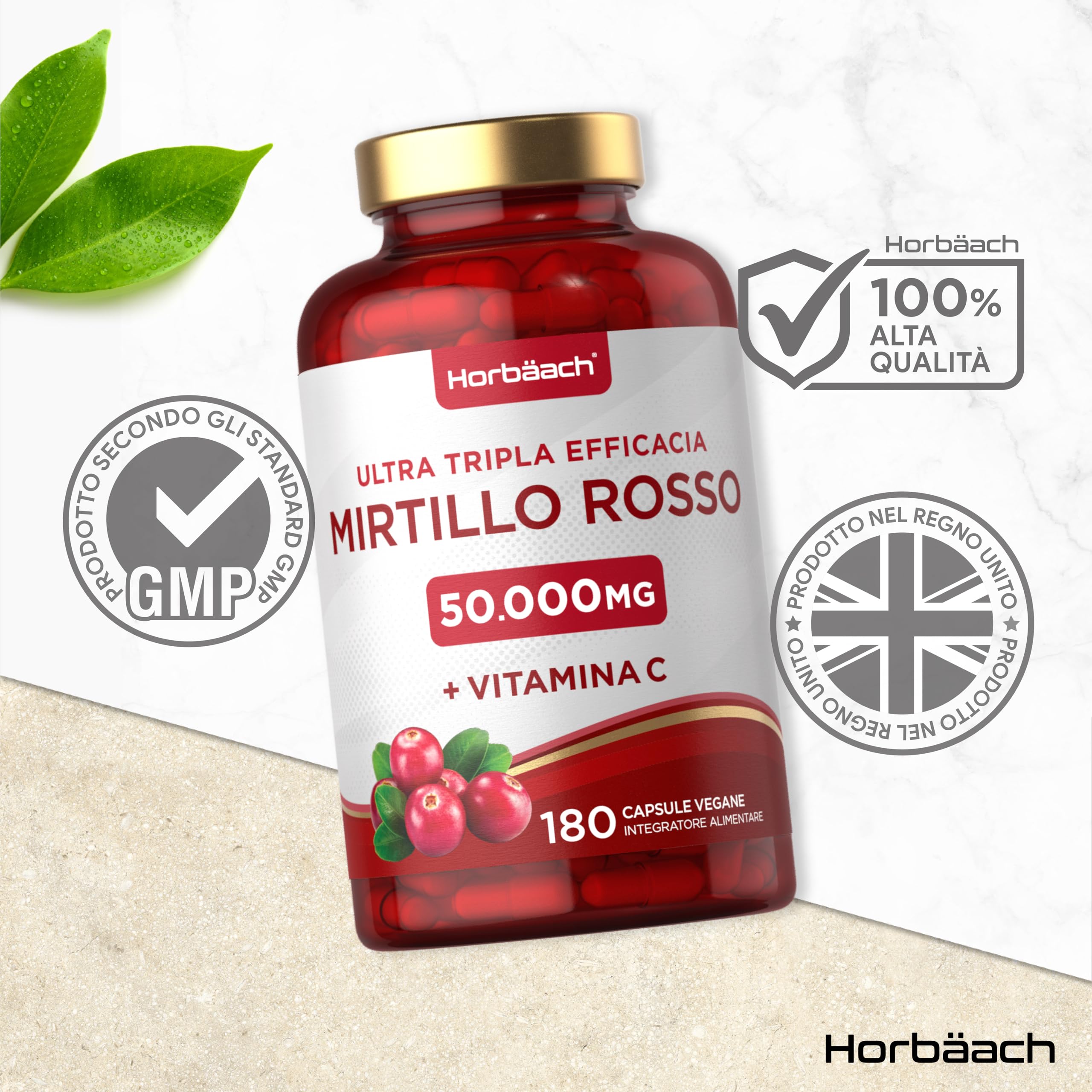 Mirtillo Rosso 50000 mg con Vitamina C | Cranberry 50:1 Extract | 180 Capsule Vegane in Polvere | Horbaach