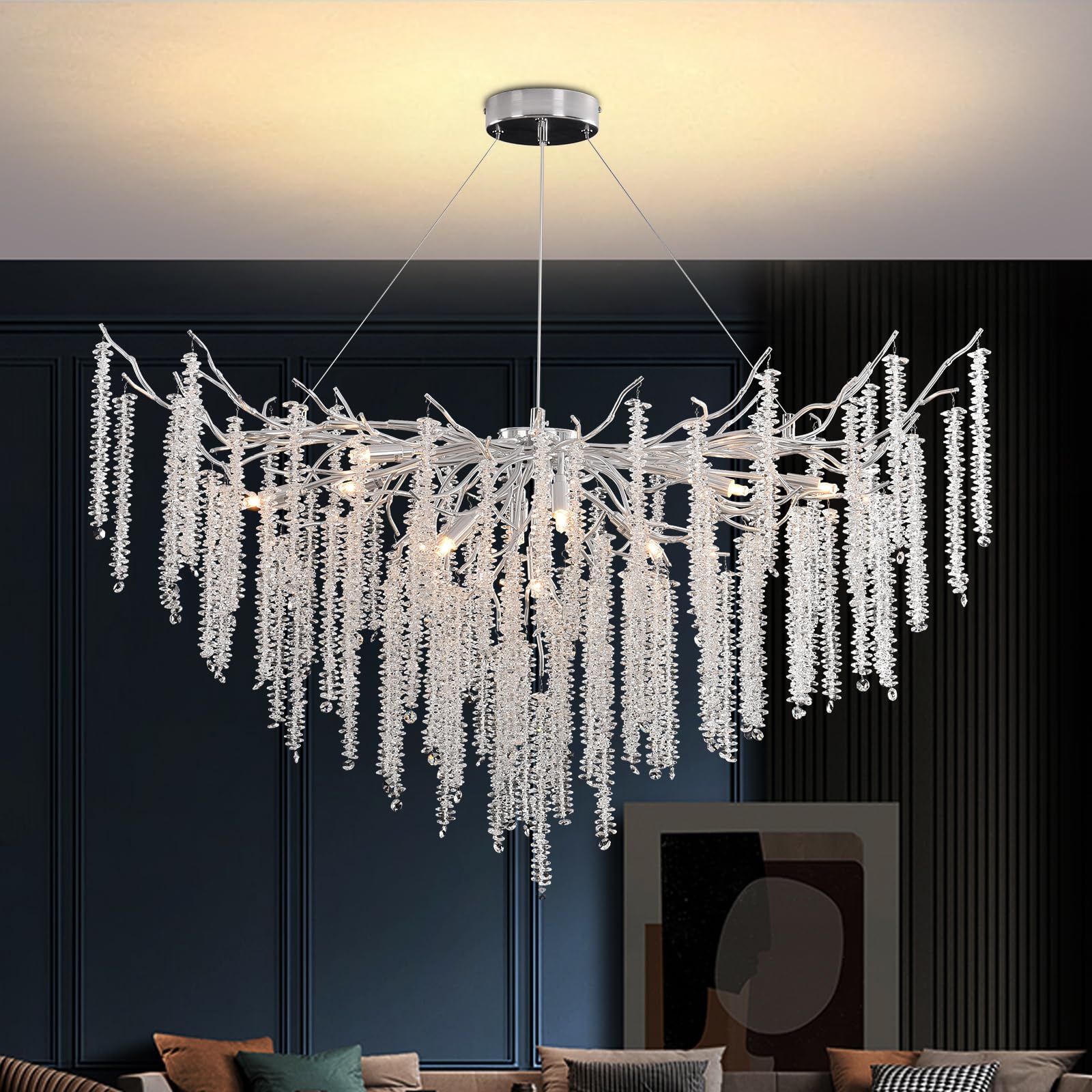 YZBEIMDAI Luxus Kronleuchter Kristall, Modern Zweig Kristall Pendelleuchte, Höhenverstellbar Hängeleuchte für Esszimmer, Küche, Wohnzimmer, Schlafzimmer
