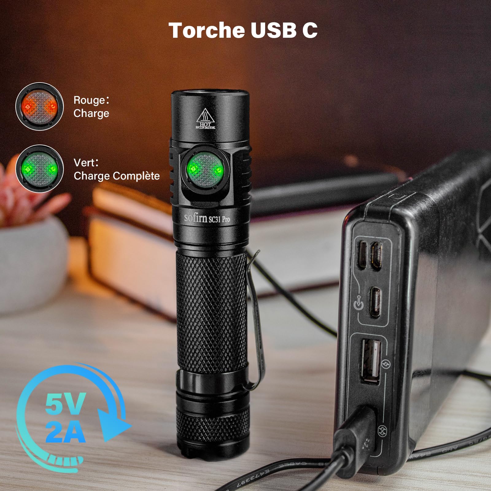 sofirn SC31 Pro Lampe de Poche Rechargeable, Lampe Torche Super Lumineuse 2000 Lumens avec LED SST40 6500K, Anduril 2 UI, IPX8 Étanche Lampe EDC avec Capuchon Arrière Magnétique