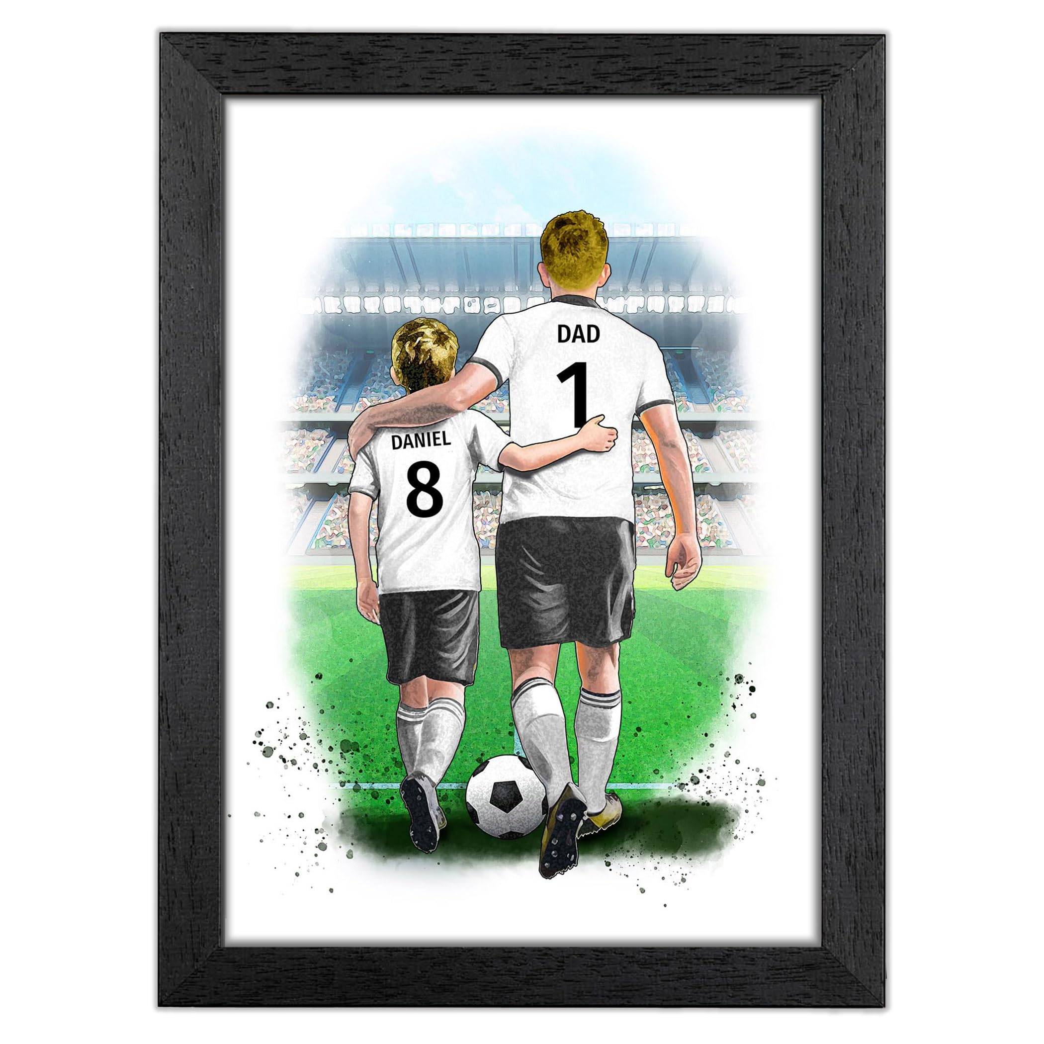 Personalised Father and Son Football Wall Art - Football Gifts for Fathers Day - Football Gifts for Men (Black Frame)