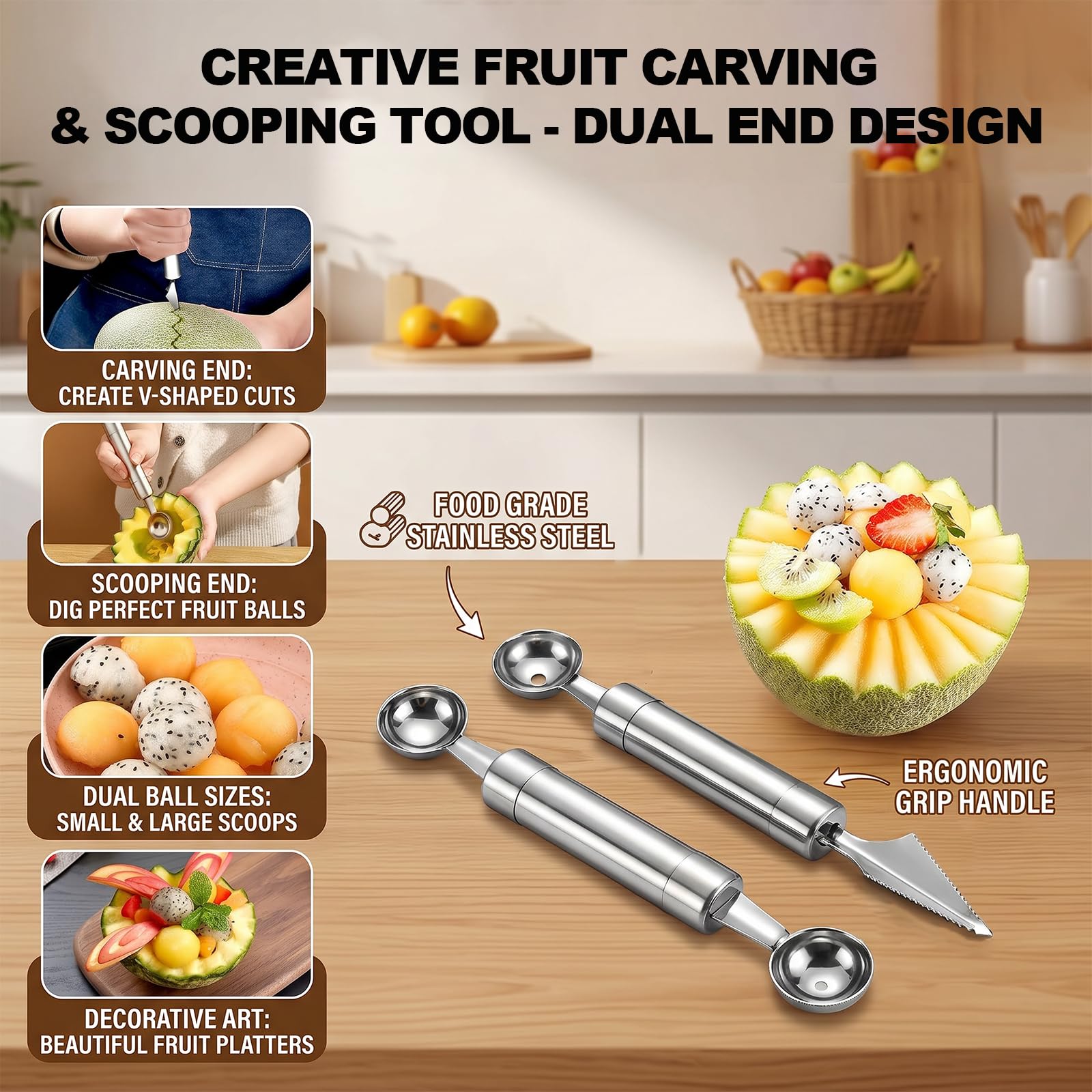 4PCS Outil à Découper les Fruits Éplucheur Cuillère à Melon Double Tête Ustensiles de Cuisine