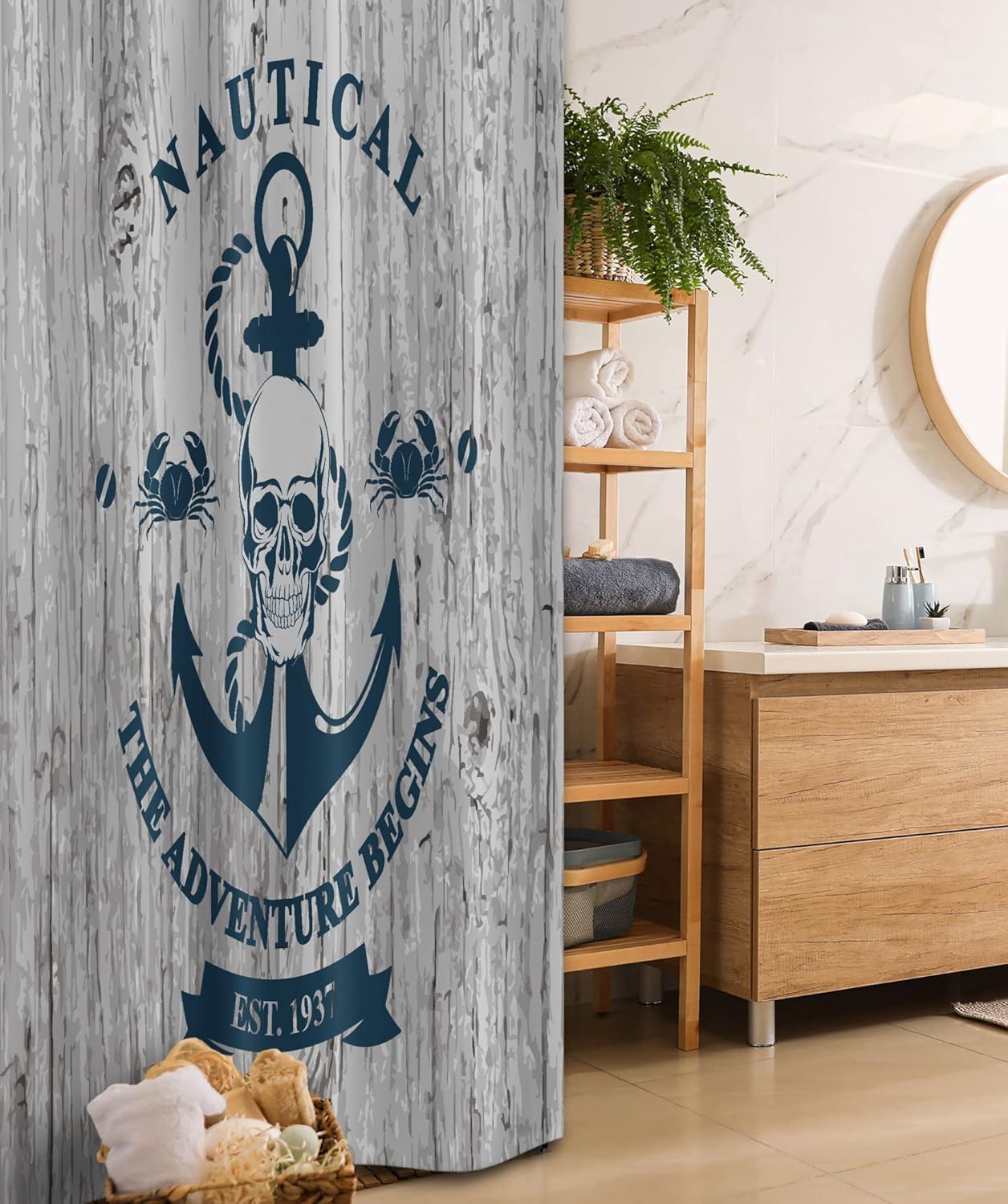 Ambesonne Anchor Stall Shower Curtain, Art Skull Rope Nautical The Adventure Begins Message Historic Marine Print, Fabric Bathroom Decor Set with Hooks, 36" W x 72" L, Beige Navy Blue