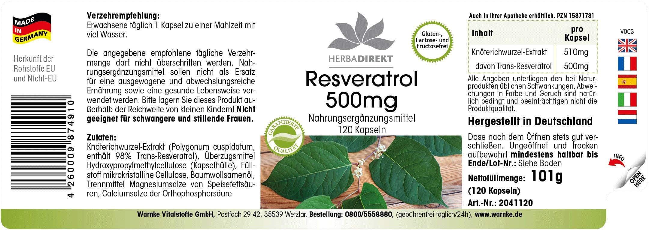 Resveratrolo 500mg - altamente dosato - vegan - 120 capsule - | HERBADIREKT by Warnke Vitalstoffe - Qualità da farmacia tedesca