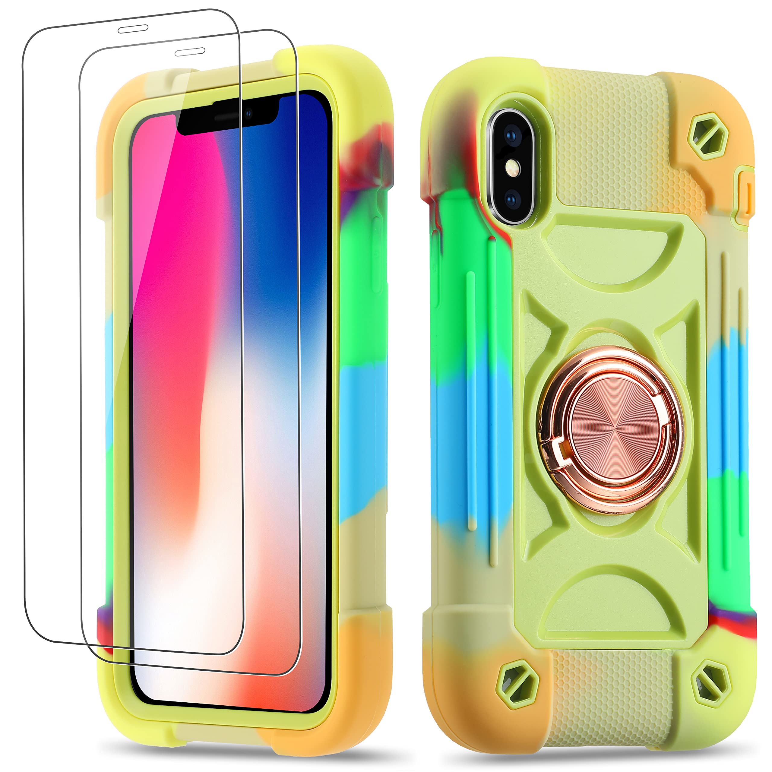 Cookiver for iPhone X/iPhone Xs Case 5.8 Inch with Ring Stand, with 2 Pack Glass Screen Protector,Heavy-Duty Shockproof Ru...