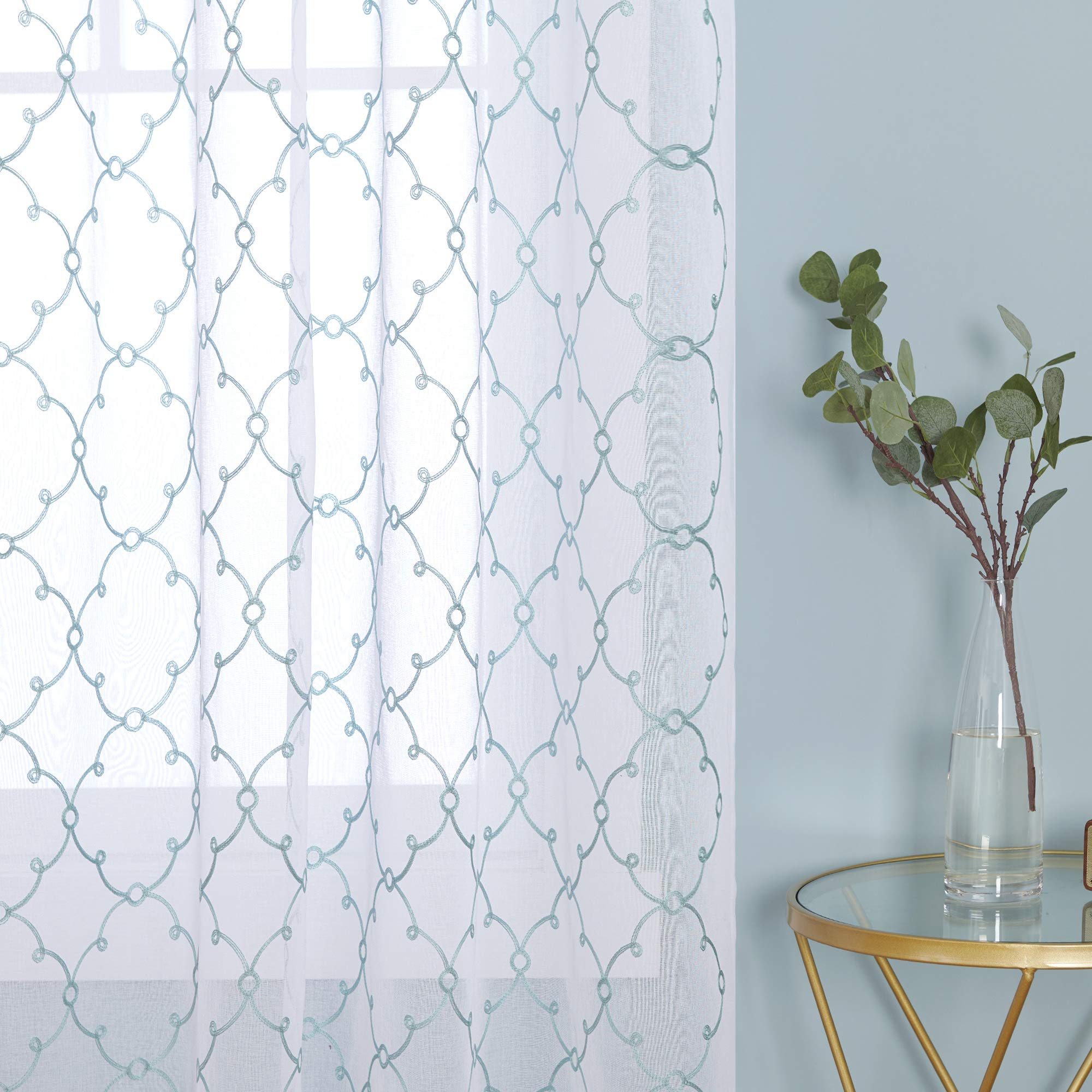 Deconovo Blue Diamond Eyelet Faux Linen Net Curtains Embroidery Diamond Voile Curtains Super Soft Semi Sheer Curtains 55 X 69 Drop Inch Blue 1 Pair