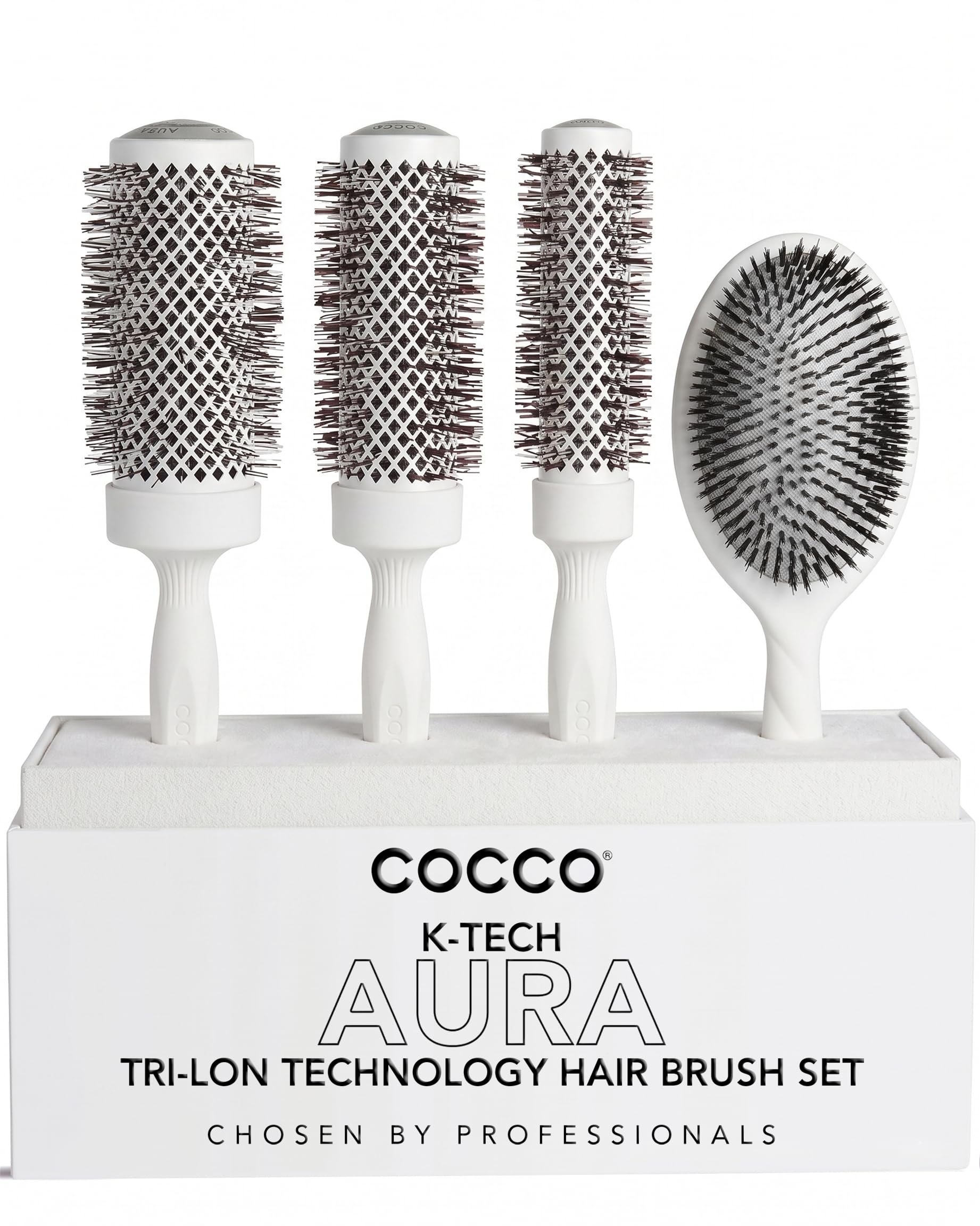 Cocco Aura Brush Set Blanco 4pz - set de cepillos | Paleta de cerámica, secado y control de encrespamiento, cerdas de turmalina, agarre ergonómico, juego completo de estilo