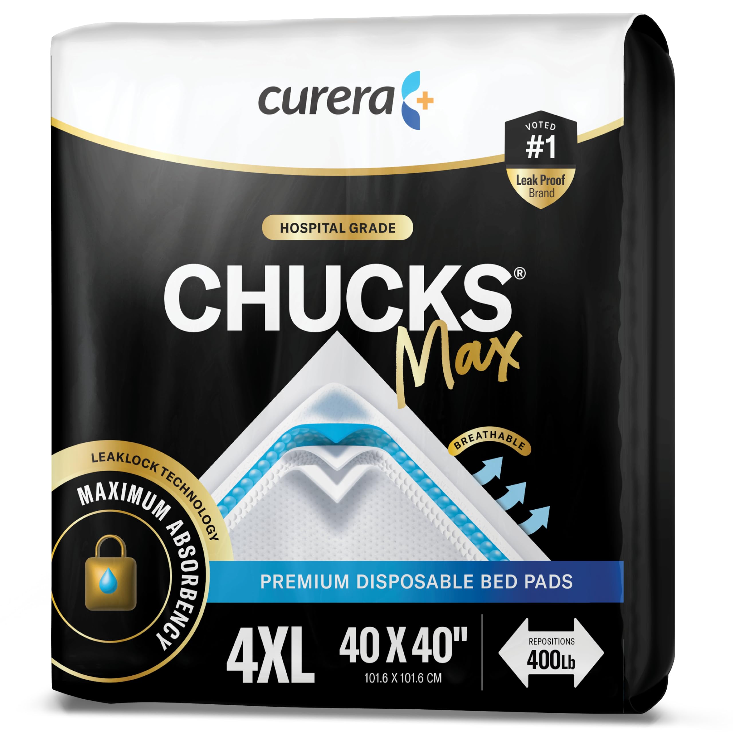Chucks® MAX Hospital Bed Pads Disposable Adult 40 x 40 Breathable Incontinence Pads - 4XL Large Pee Pads for Adults - Heavy Duty Absorbency Oversized Underpads - 400 Lbs. Repositioning [20 Count]