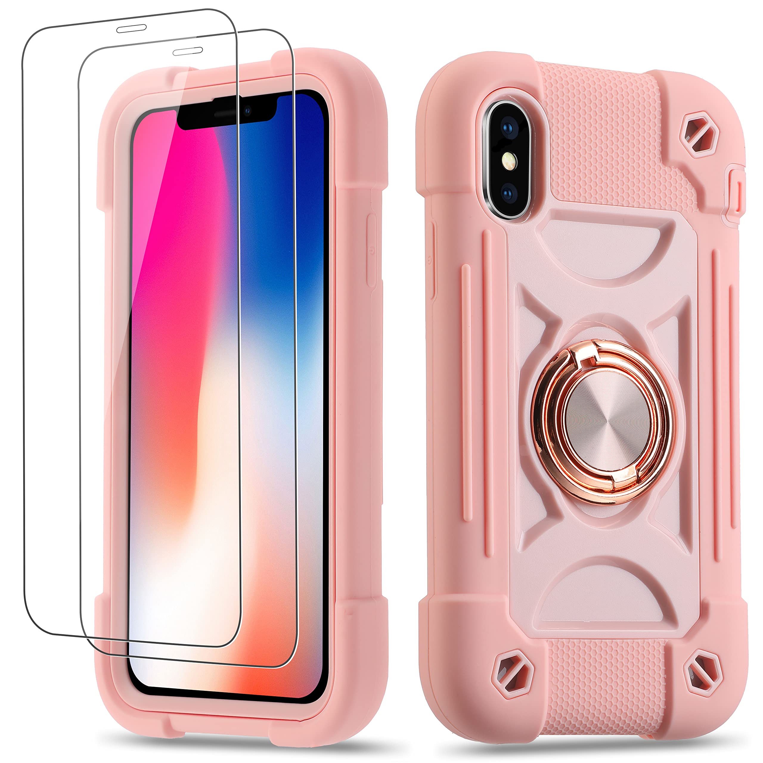 Cookiver for iPhone X/iPhone Xs Case 5.8 Inch with Ring Stand, with 2 Pack Glass Screen Protector,Heavy-Duty Shockproof Rugged Military Grade Cover