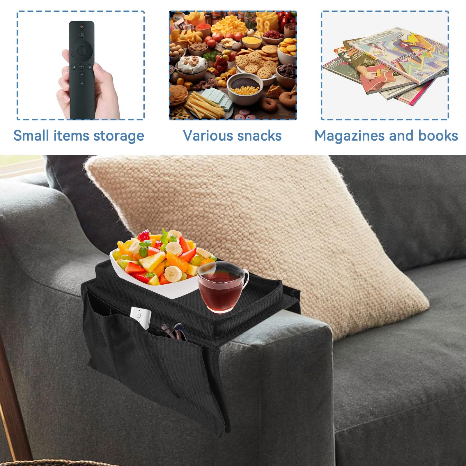 Sofa Armlehnen-Organizer Mit Tablett & Cup Holder | Faltbarer Caddy Für Fernbedienung, Snacks, Handy