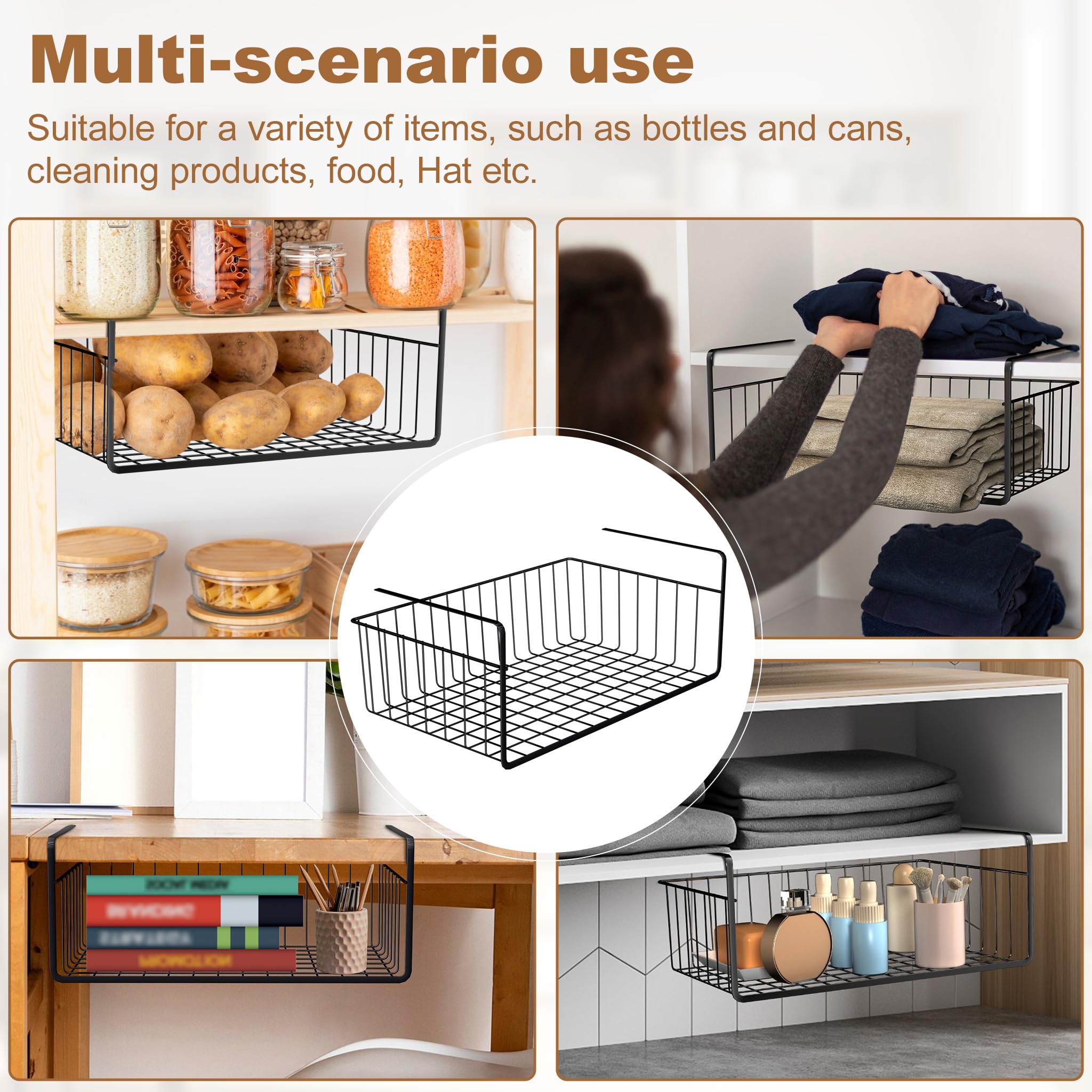 Froadp Set da 2 cestelli sottoscaffale – Organizer da armadio in metallo nero – Montaggio senza attrezzi – Ideale per cucina, dispensa, bagno, ufficio, armadio – Design aperto per la ventilazione