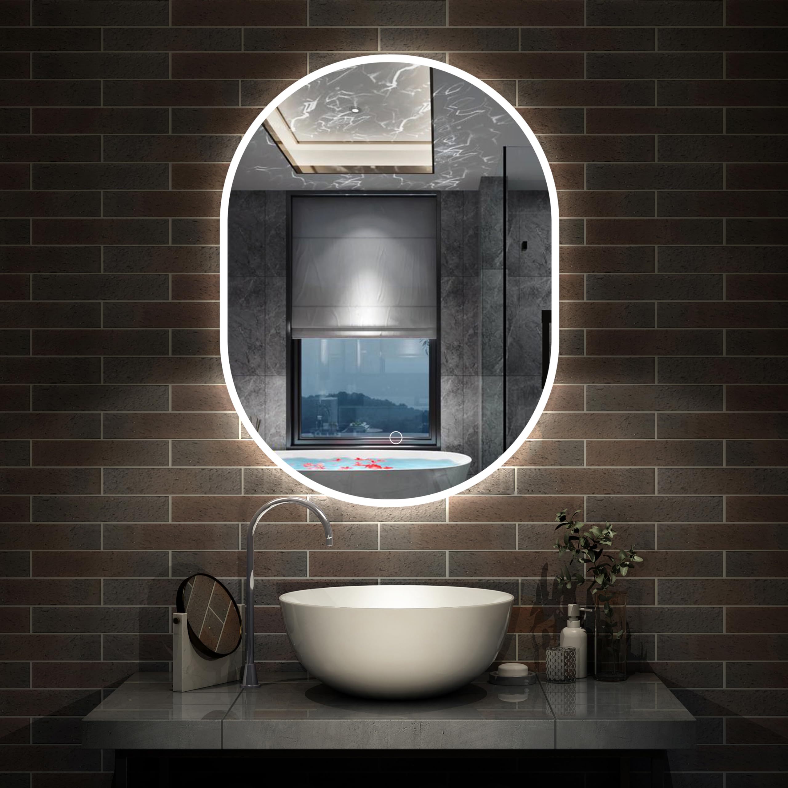 60x80cm Oval LED Bathroom Mirror with Light, Illuminated Wall Mounted Vanity Mirror, Anti-fog, 3 Colors Dimmable Light, Memory Function, IP44, Demister Mirror with Backlit Lights for Bathroom