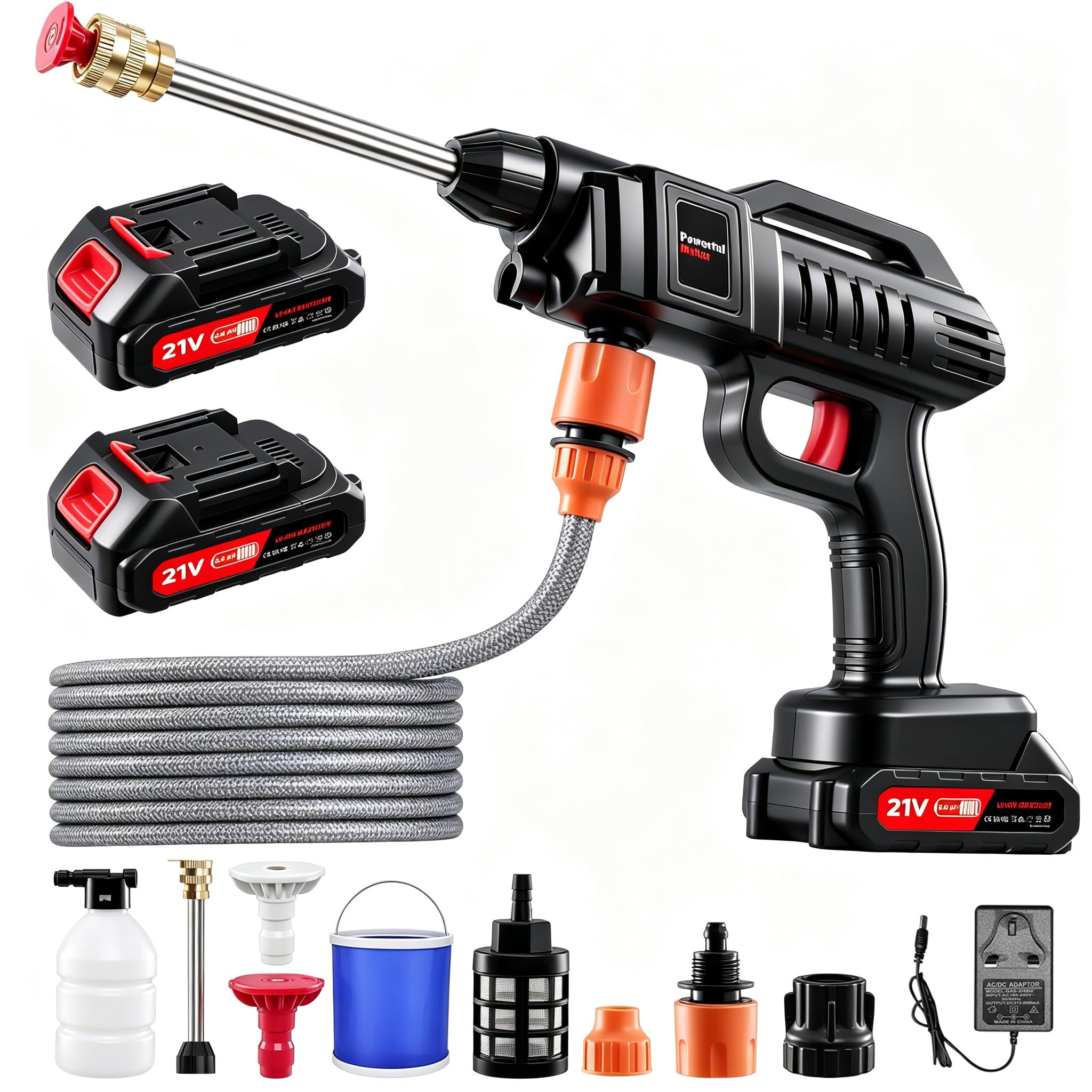 Nettoyeur Haute Pression Puissant 80 Bar, sans Fil et Autonome - Kit Complet avec 2 Batteries, Buse 6 en 1 et Tuyau de 5mètres