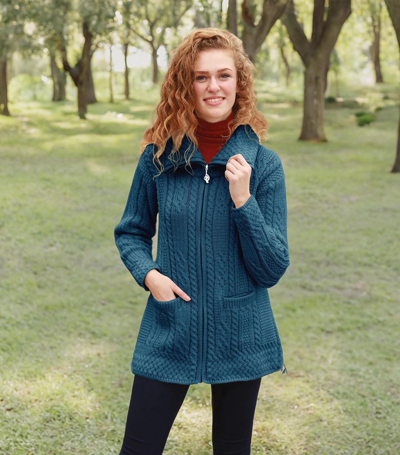 Carraig Donn Irish Coatigan Merino Wool Knit Zipper Sweater Jacket