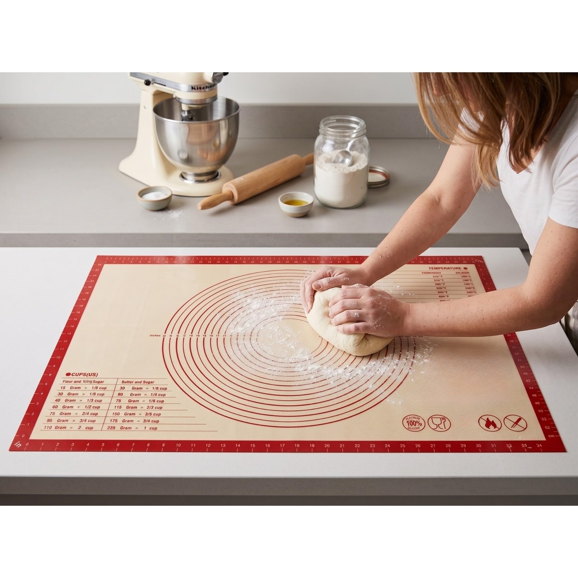 Tapis de pâtisserie en silicone avec mesures, 91,4 x 61 cm, extra épais, antidérapant, antiadhésif, XL, pour rouler la pâte, pétrir, fondant et tarte, rouge