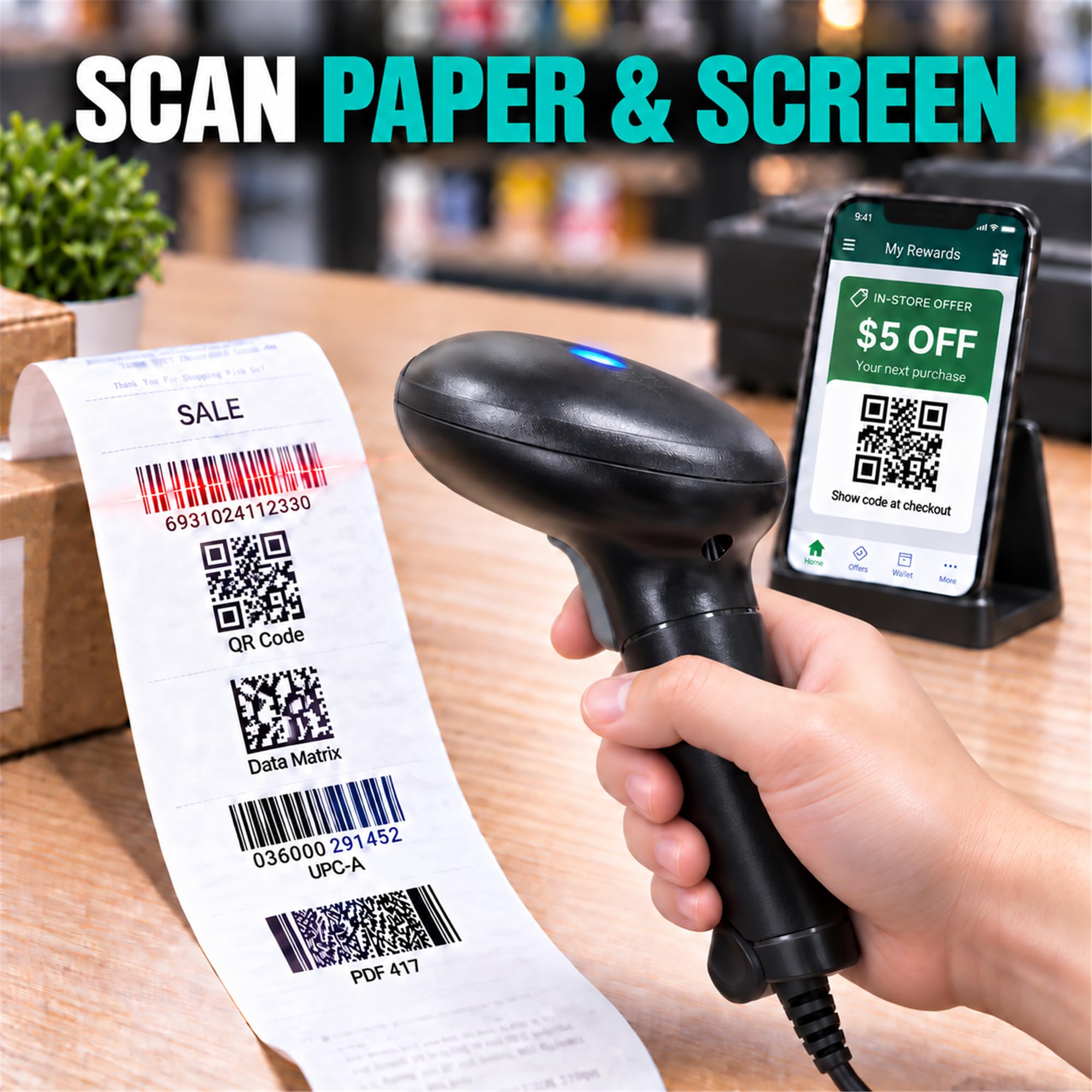 Anyeast - Scanner per codici a barre con supporto, USB cablato, scanner di codici 2D 1D per computer, supporto POS, scansione automatica dello schermo, lettore di codici a barre CMOS per