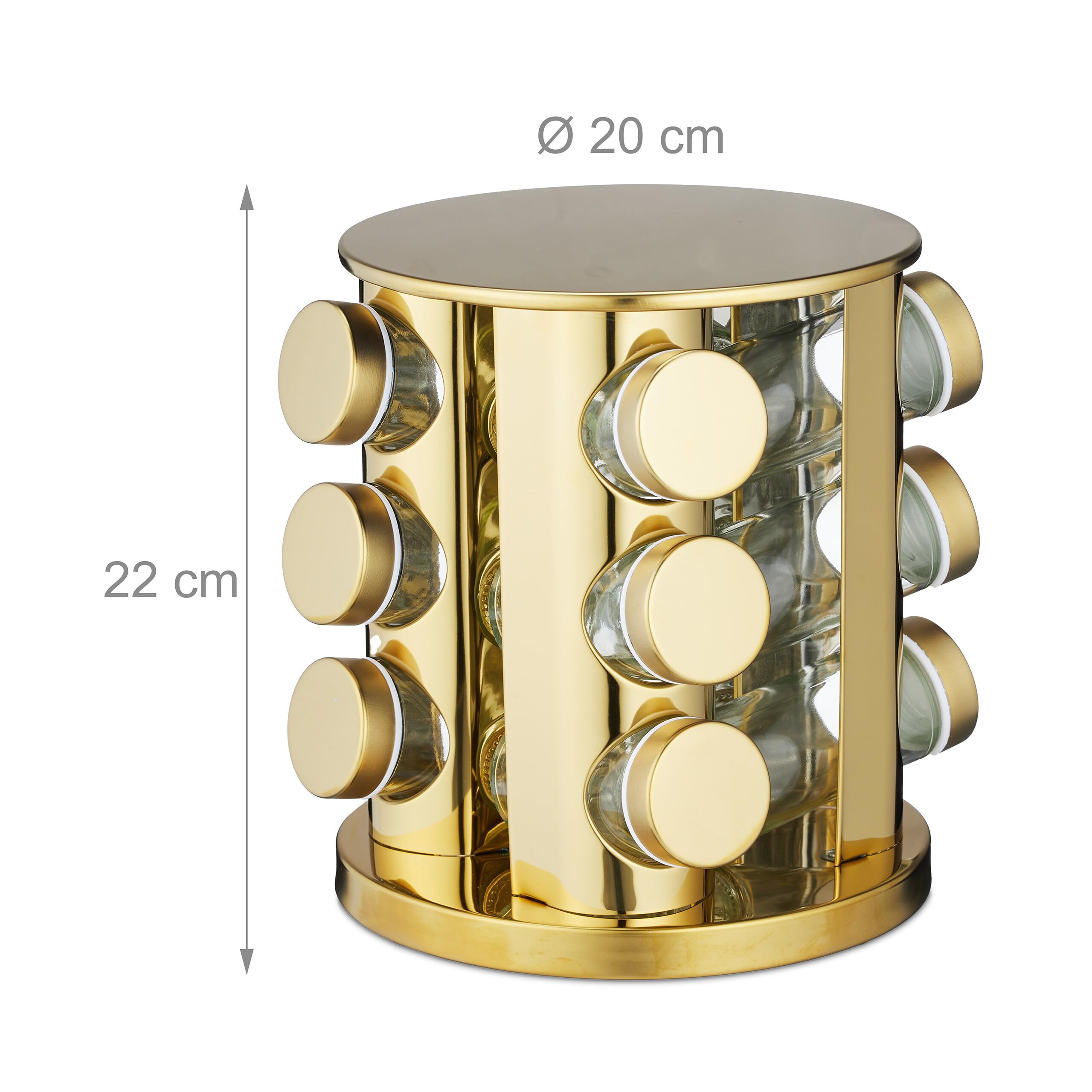 Relaxdays Portaspezie da Cucina, 12 Barattoli, Organizer per Spezie Girevole 360°, Acciaio Inox Vetro, HxD 22x20 cm, Oro