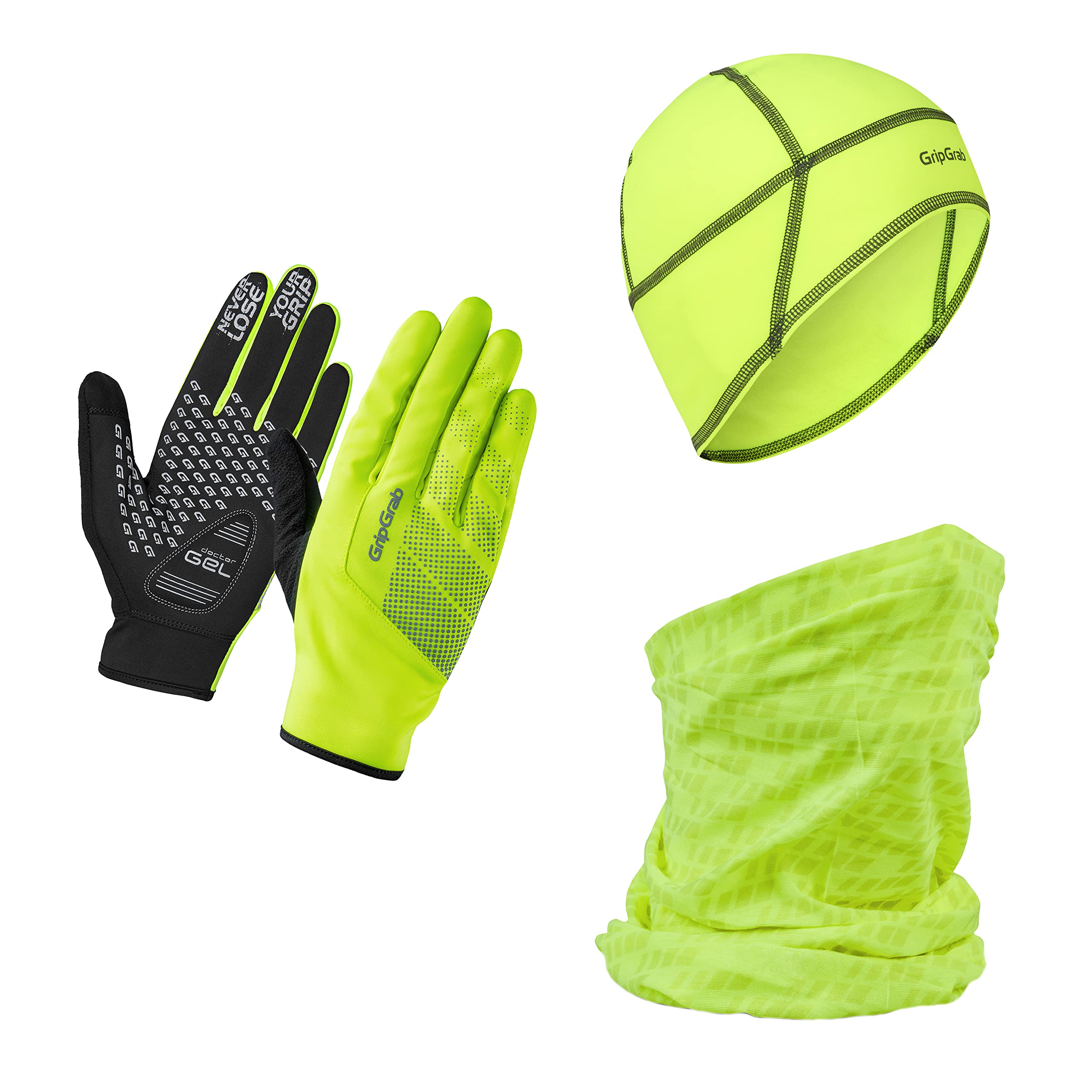 GripGrab Unisex's Cycling Essentials Gift Thermal Winter Bundle-Highly-Visible Touchscreen Gloves, Skull-Cap, Neck-Warmer, Yellow Hi-Vis, Small