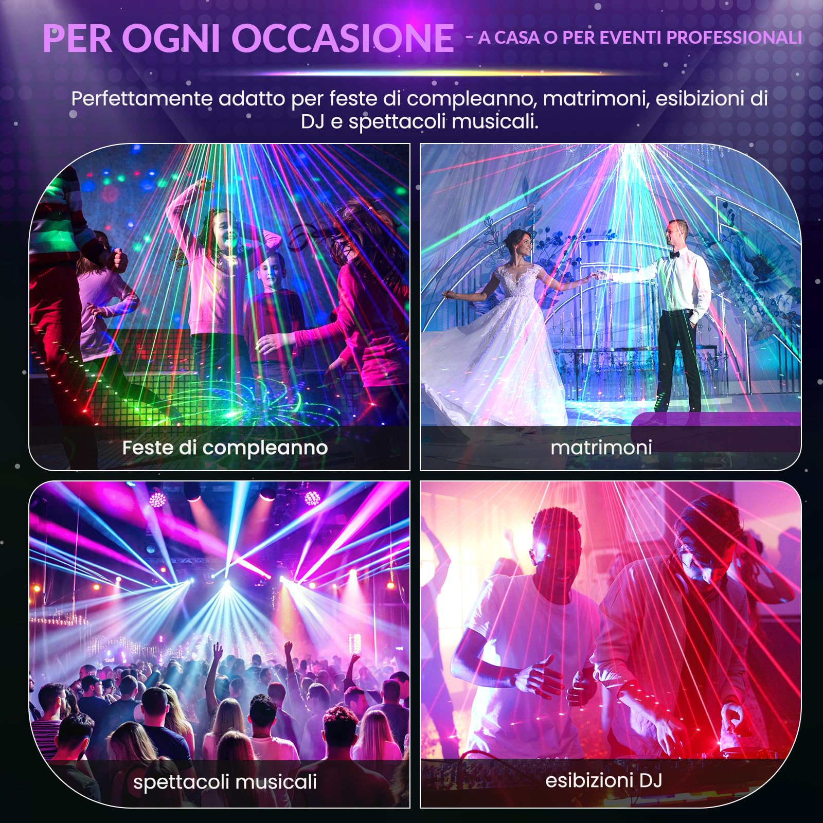 Luci Discoteca DJ RGBW & UV con DMX, Telecomando, 3 Velocità Motore, 4 Modi Stroboscopici, Proiettore Laser per Party, Disco e Decorazioni per Feste