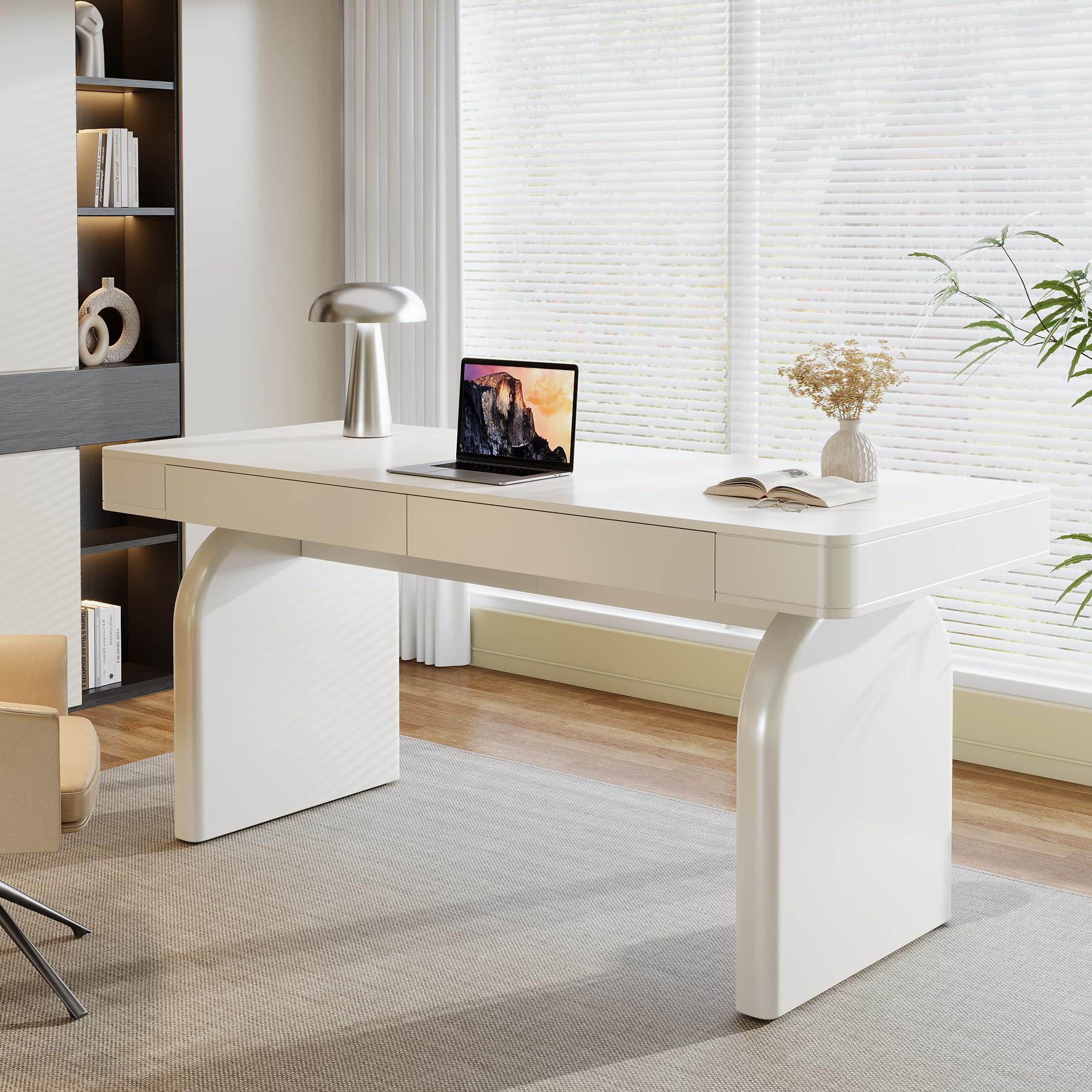 Tribesigns White Desk with Drawers, 63-Inch Modern Executive Office Desk, Glossy Elegant Work Study Writing Table for Home Office, Cream White