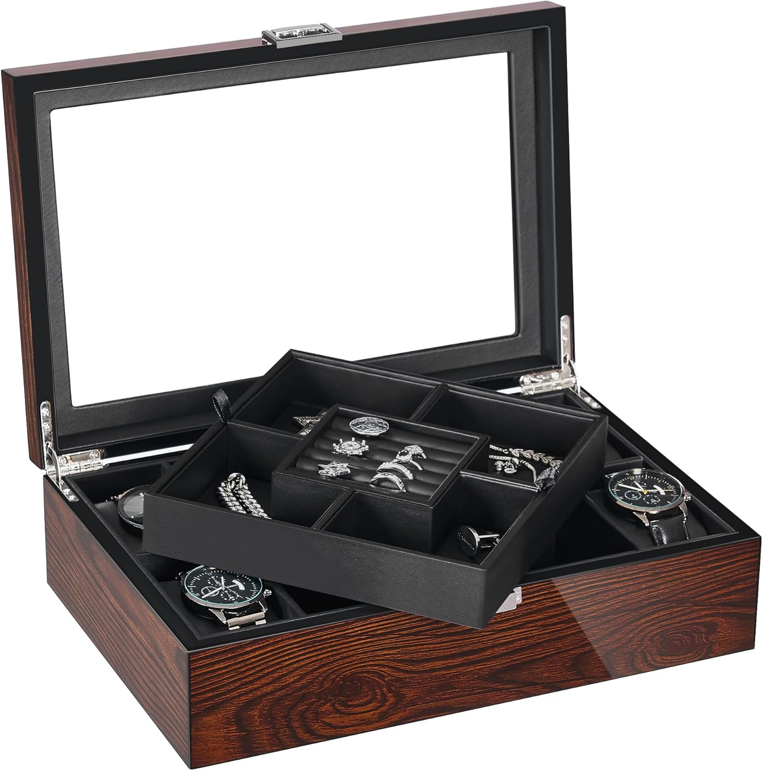 BEWISHOME Jewelry Box for Men, Mens Jewelry Box with Glass Top, Wooden Watch Box Organizer with Smooth Faux Leather Interior, Jewelry Display Case for Earrings Rings Bracelets Watches, Brown SSH07Y