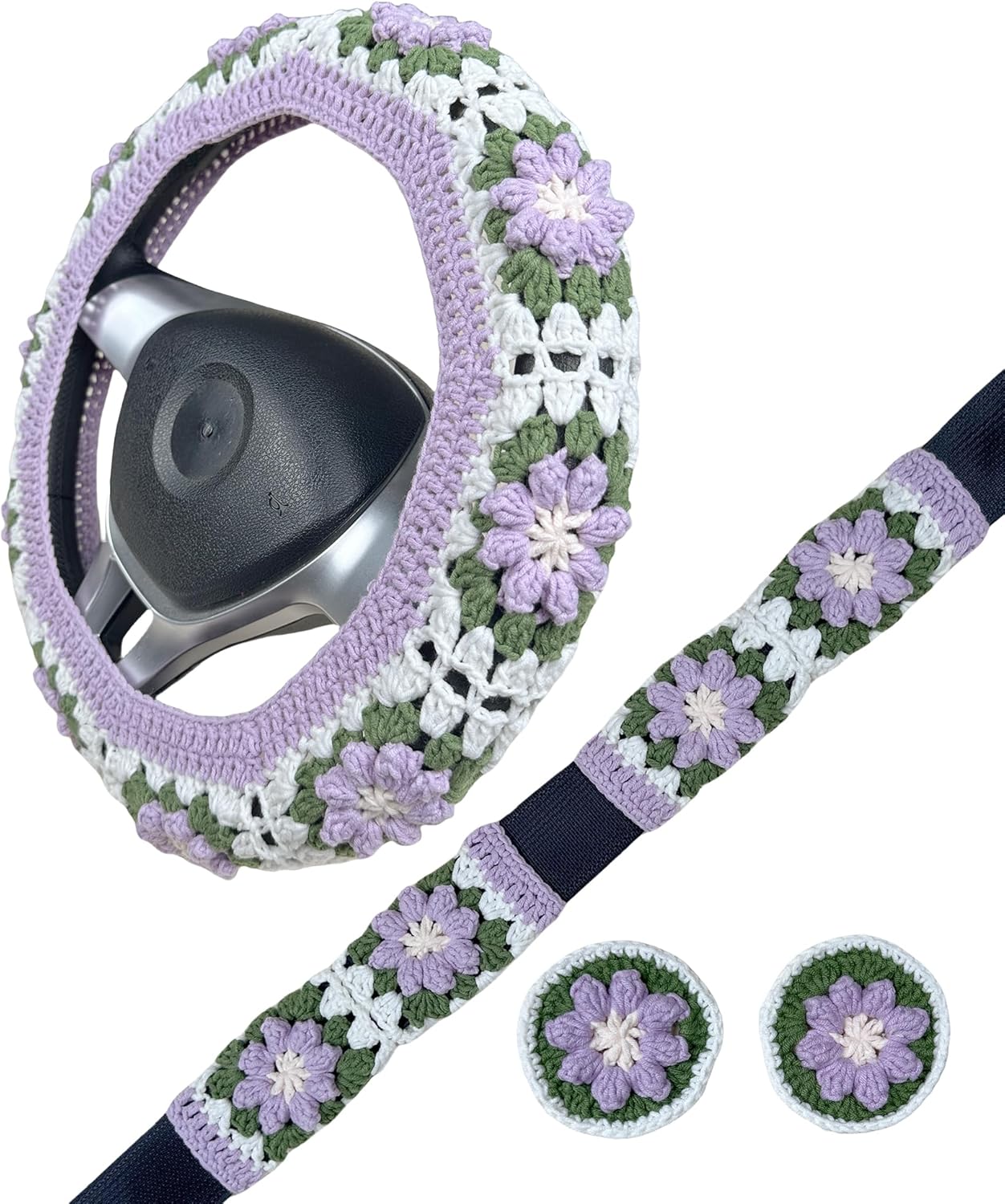 Handmade Crochet Green and Purple Flower Steering Wheel Covers Universal 14-15 inch for Women and Men,New Car Gift,Handmade Gift,Gift for her