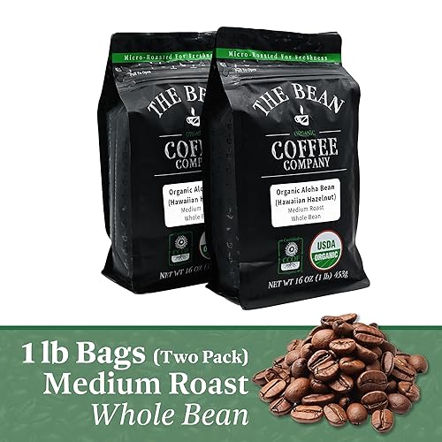 Miniatura 2 de The Bean Organic Coffee Company Aloha Bean (avellana hawaiana), tostado medio, café en grano entero, bolsas de 16 onzas (paquete de 2)