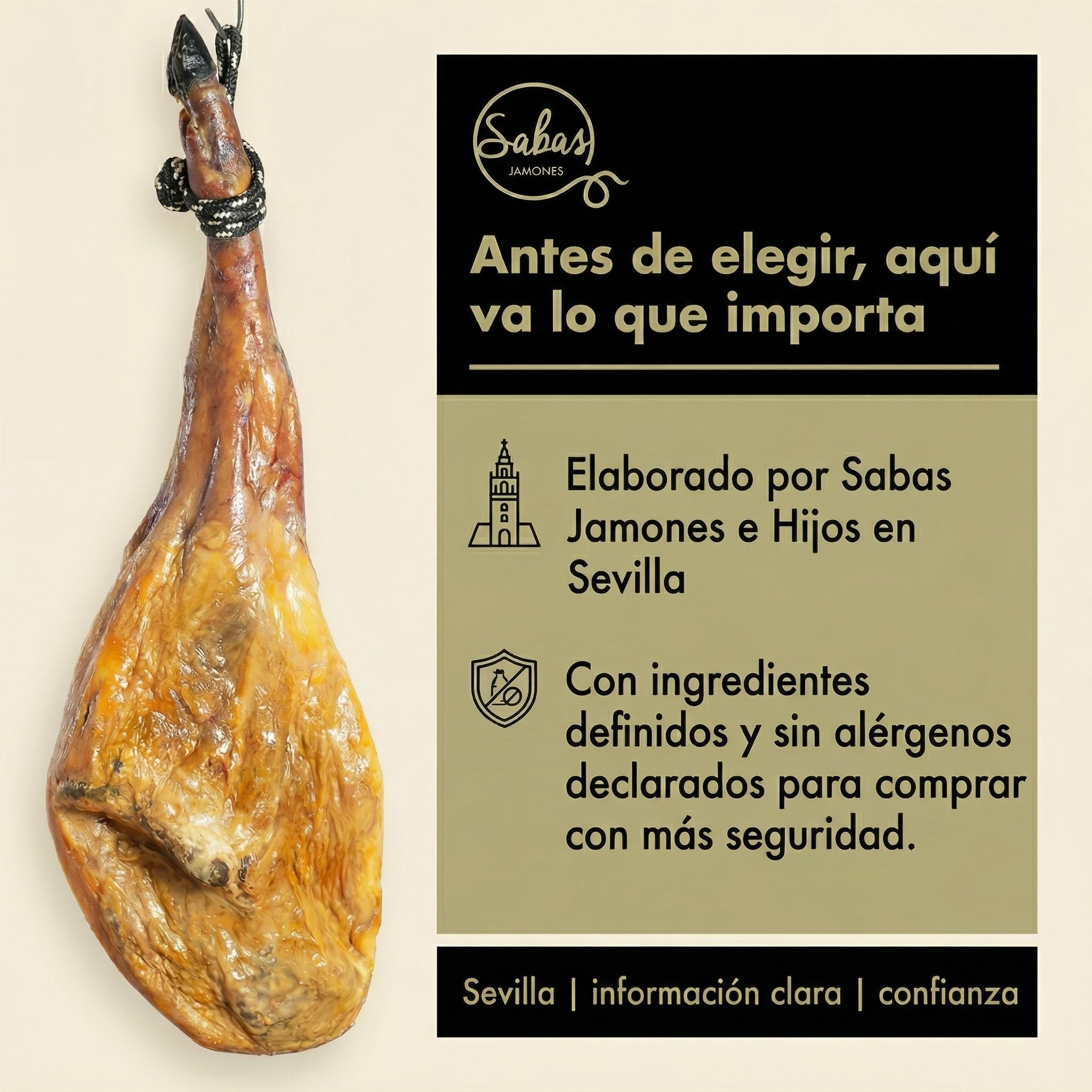 SABE A SABAS Jamon Iberico de Cebo 50% Raza Iberica Pieza Entera 8-9 kg Curacion Bodega Natural Mas de 30 Meses Sin Gluten Jugoso Gourmet Regalo Celebracion Aperitivo Navidad Tabla
