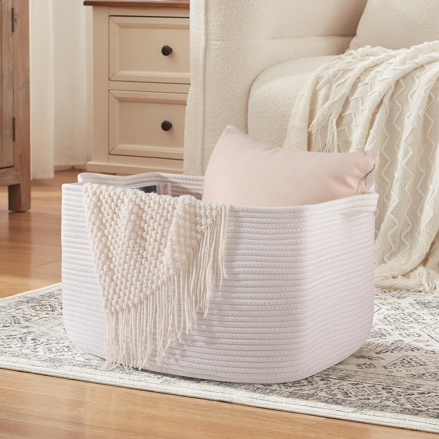 OIASKET White Storage Baskets for Organizing, Toy Basket Storage Kids, Nursery Cotton Rope Baskets for Living Room, Deorative Organizer Bin Box (White)