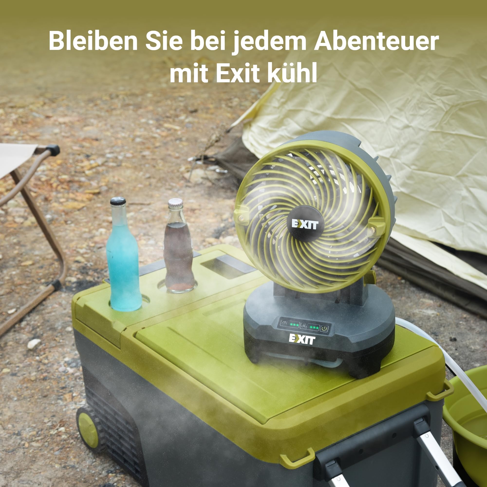 EXIT Akku-Nebelventilator EX022 20V,ideal für Camping, Grillpartys & Strand | 3 Geschwindigkeiten, 3 Nebeleinstellungen, bis 8 Std. Laufzeit, 60° Schwenkkopf, für Camping, Grillpartys & Strand, 19L Eimer