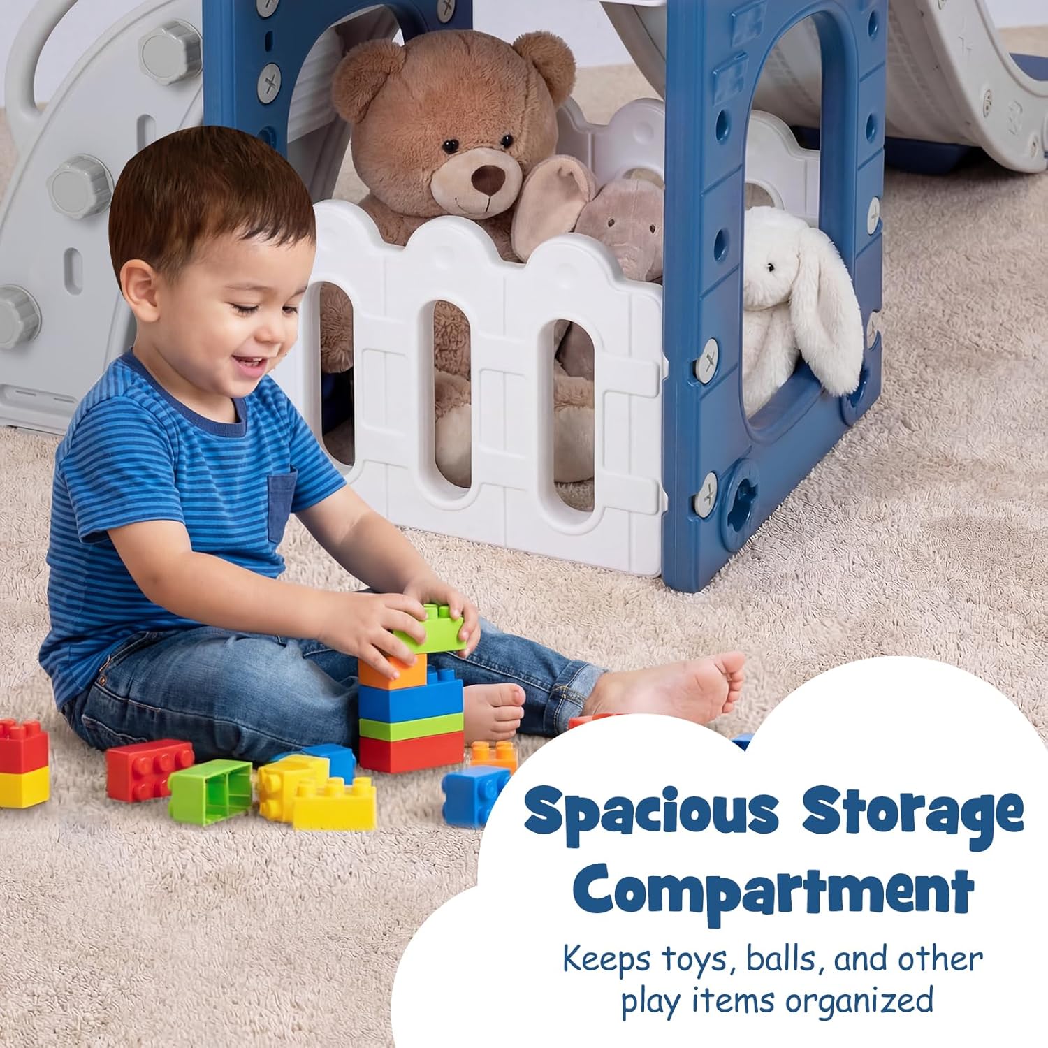 BABY JOY Toddler Slide, 6-in-1 Indoor Kids Slide Playset with Basketball Hoop, Telescope, Climbing Ladder & Storage Space, Freestanding Playhouse & Climber for Kids Aged 1-3 (Deep Blue)