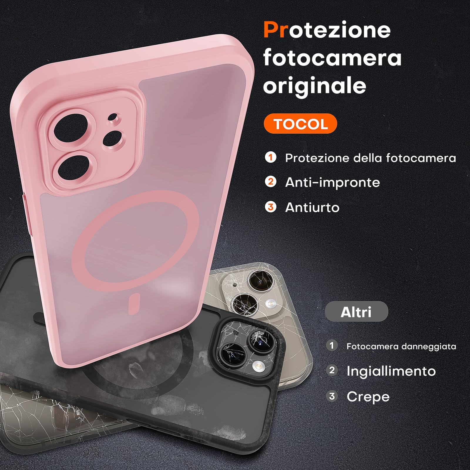 TOCOL Cover Magnetica per iPhone 12 6,1 Pollic, Compatibile con MagSafe, Protezione Fotocamera Integrata, Custodia Antiurto Traslucida Opaca, Rosa Chiaro