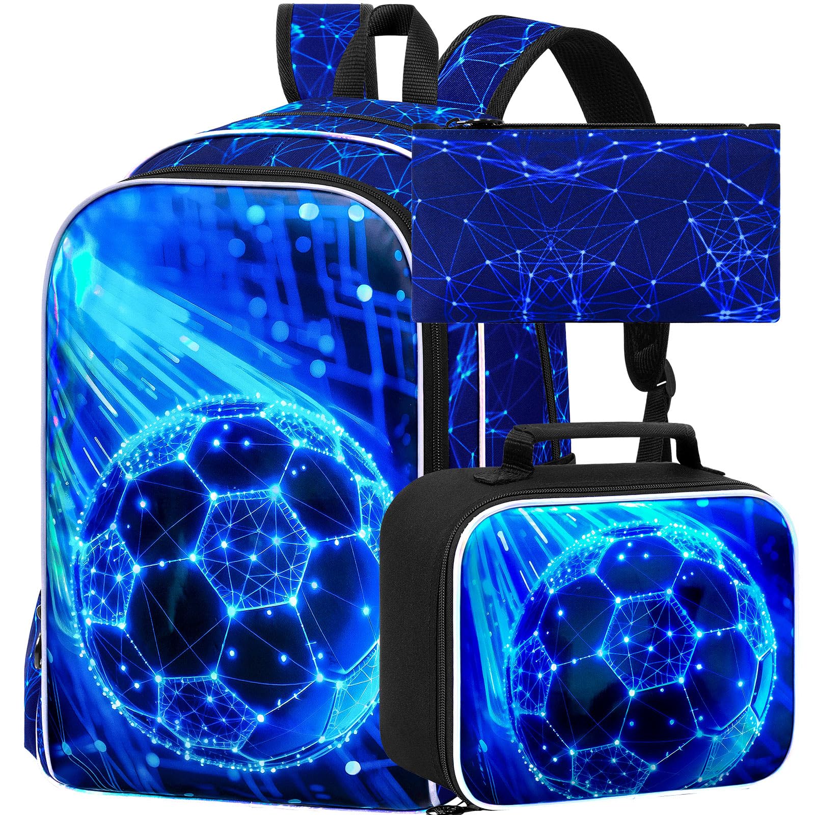 17" Soccer Backpack for School, 3Pcs Boys Bookbag with Lunch Box, Kids Backpacks Set for Elementary Preschool Kindergarten (Blue)