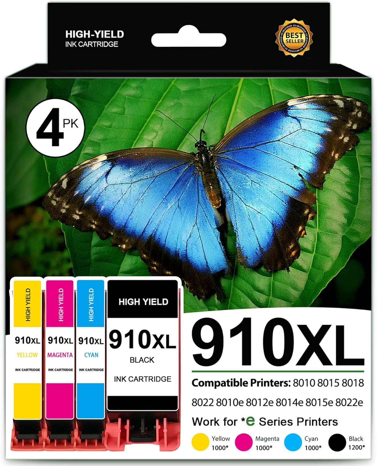 910XL Ink Cartridges Combo Pack High Yield Replacement for HP 910 910XL Work for OfficeJet Pro 8025e 8025 8028e 8028 8035e 8035 OfficeJet 8015e 8022e 8010 8015 8022 Printers (4 Pack, B/C/Y/M)