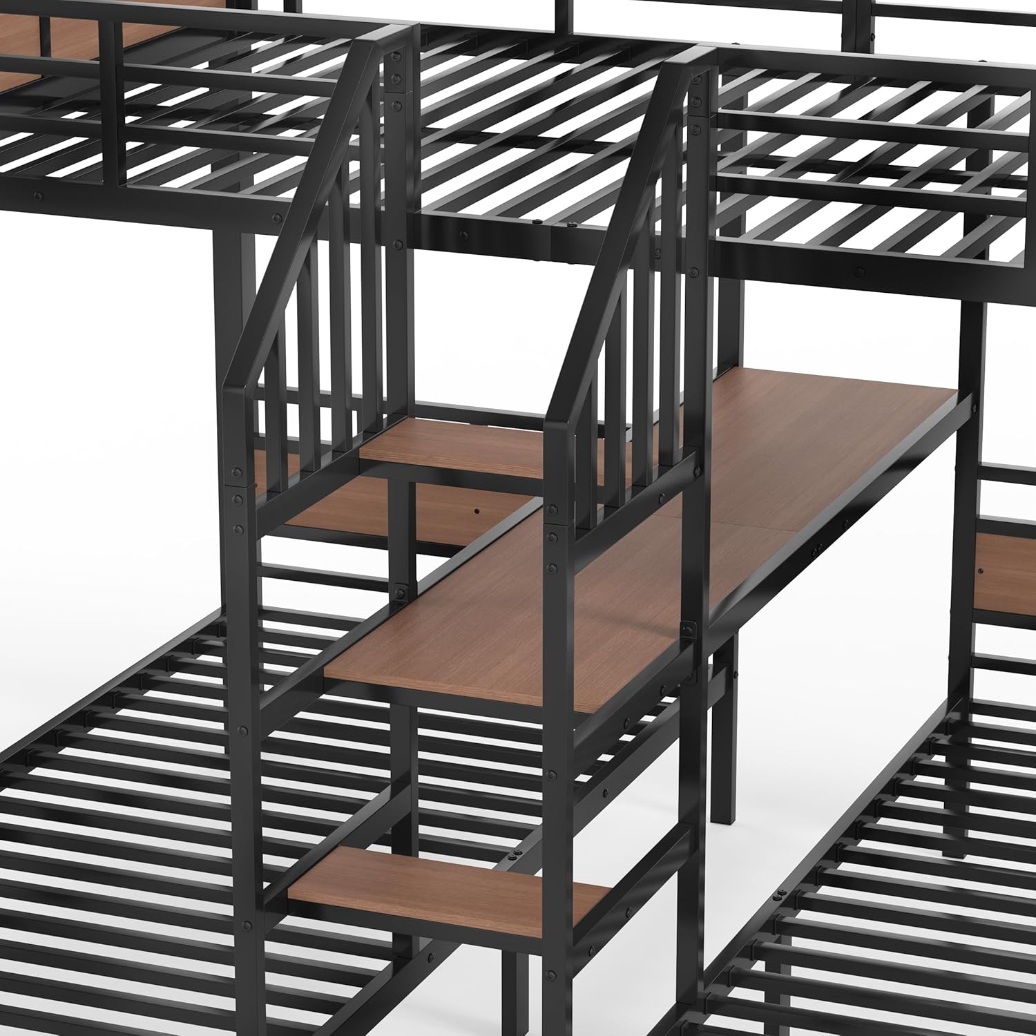 සමීප රූපය view of the integrated stairs and desk area of the bunk bed