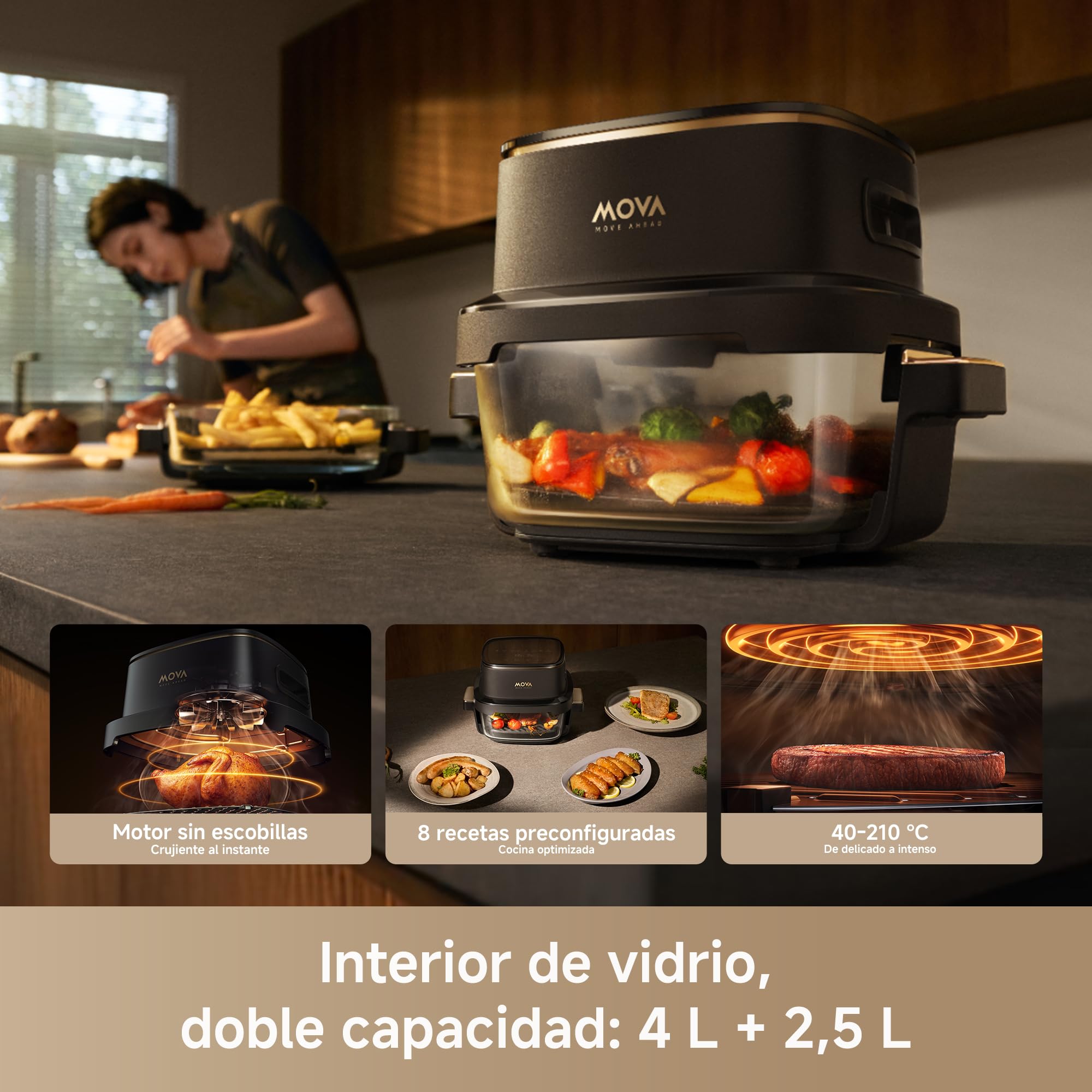 MOVA Aeroglass AF20 Pro Freidora De Aire Sin Aceite interior vidrio transparente, doble capacidad 4L+2,5L, recipiente vidrio, motor sin escobillas, 8 recetas inteligentes, control 40℃-185℃.