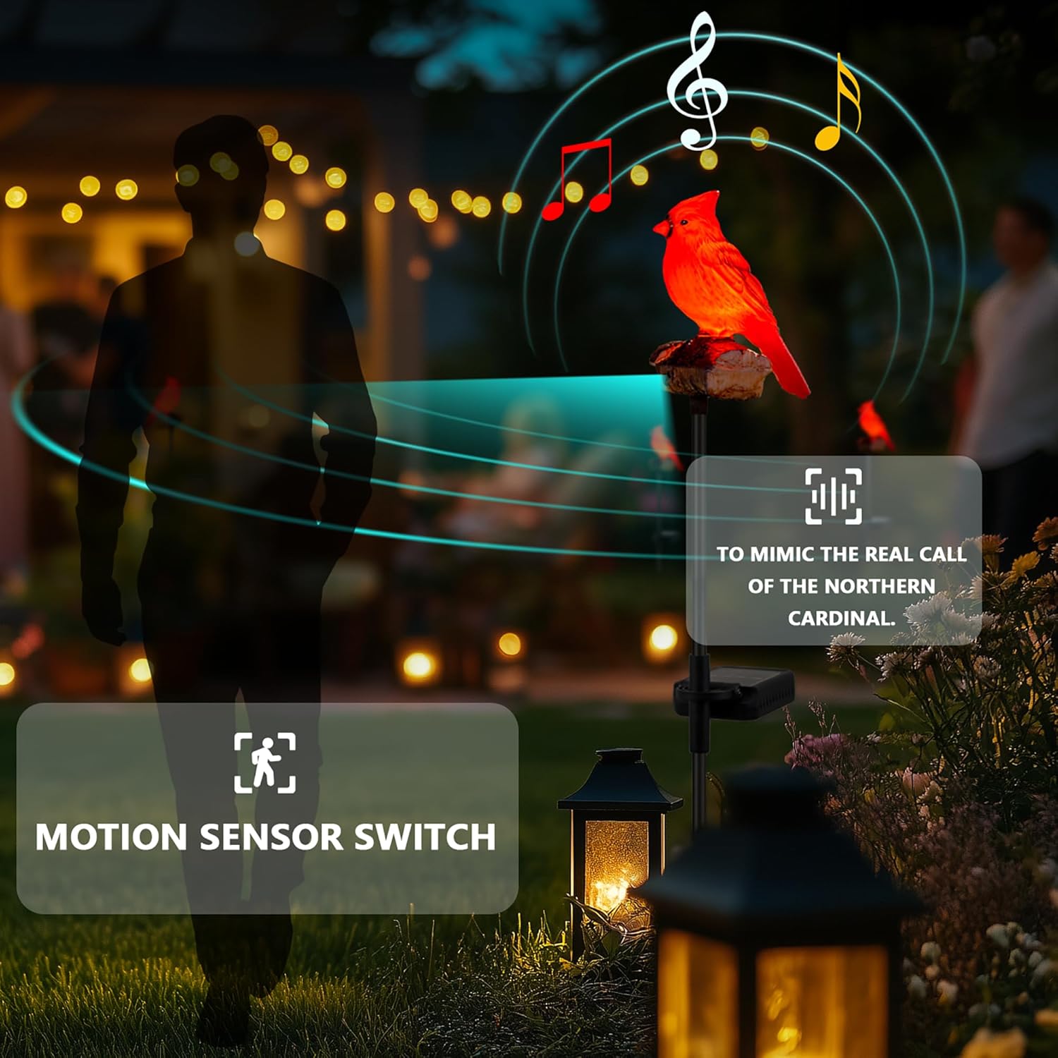 Cardinal Solar Lights Outdoor with Sound & Motion Sensor, Waterproof Red Bird Figurine Stake, Hand-Painted Memorial Garden Decor Gift for Mom Grandma