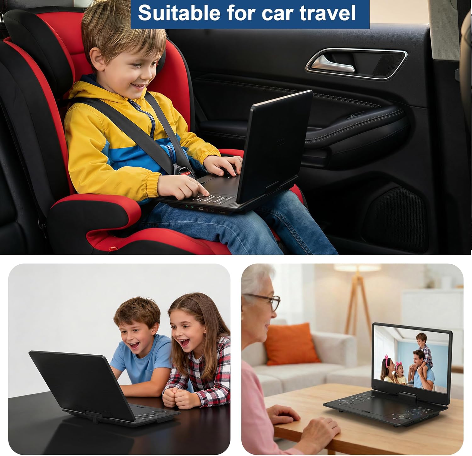 14.9" Portable DVD Player with 13.3" Full View HD Screen, 5-Hours Rechargeable Battery, Car DVD Player for Kids, Black, USB Connectivity, LCD Display (Inches, 13.3)