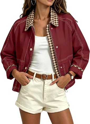 Aimiray Womens Barn Cropped Jacket Lightweight Vintage Plaid Bomber Coat