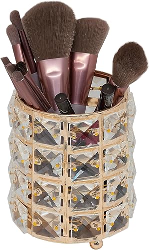 Organizador de brochas de maquillaje, organizador de brochas de maquillaje de cristal dorado para tocador, taza de almacenamiento para accesorios