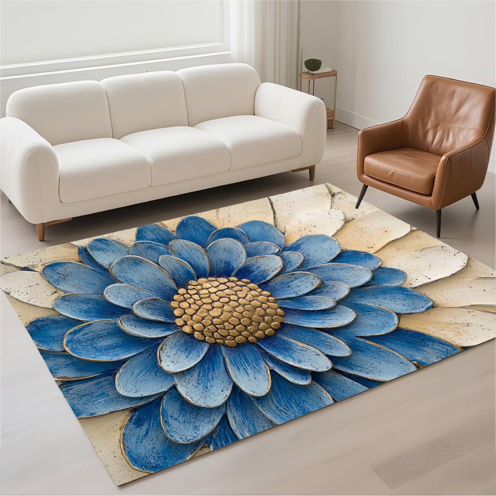 Tapis lavable bleu pile bouclée 140x200cm antidérapant de salon