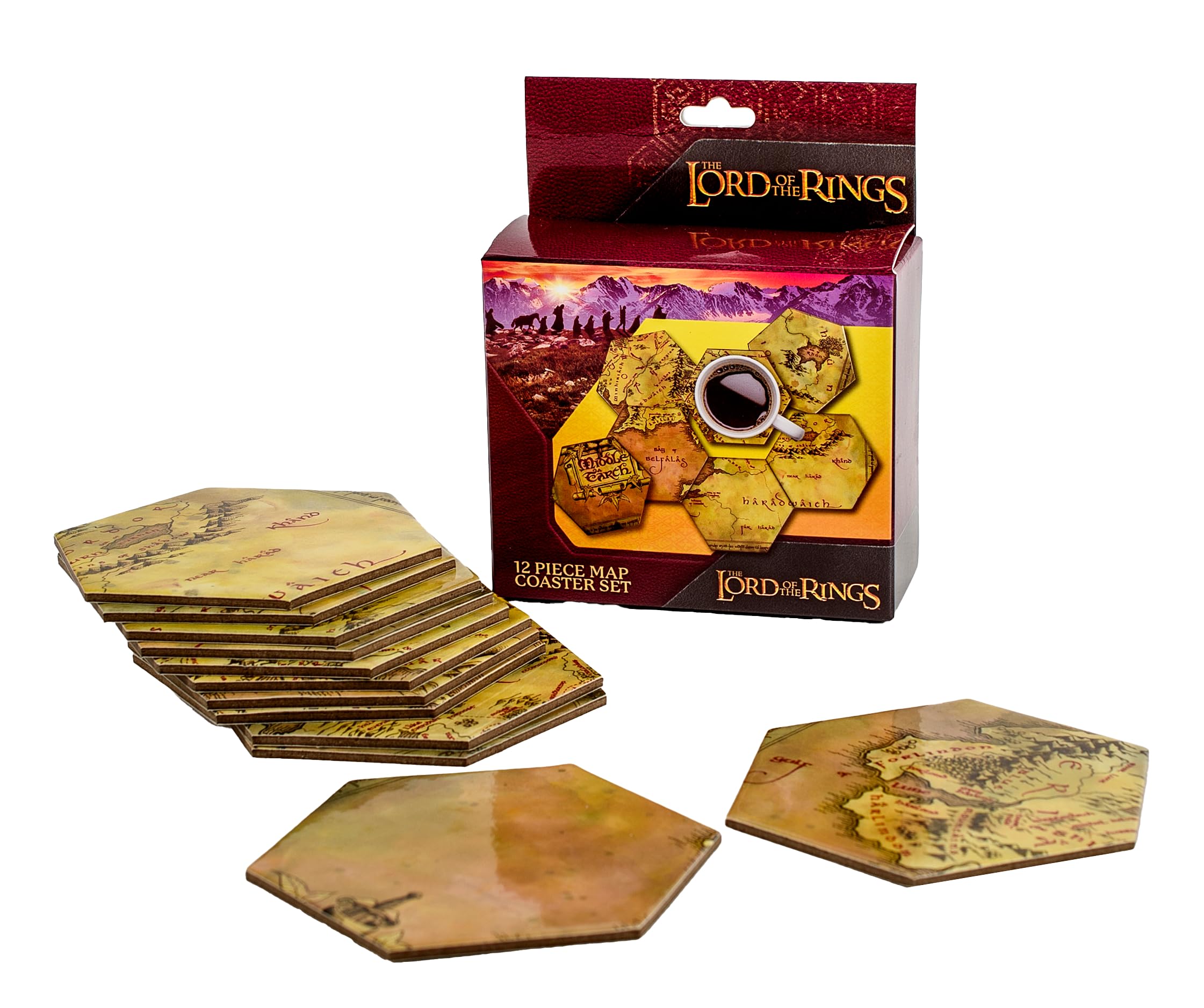 Juego de posavasos hexagonales El Señor de los Anillos: la Tierra Media, licencia oficial, decoración coleccionable