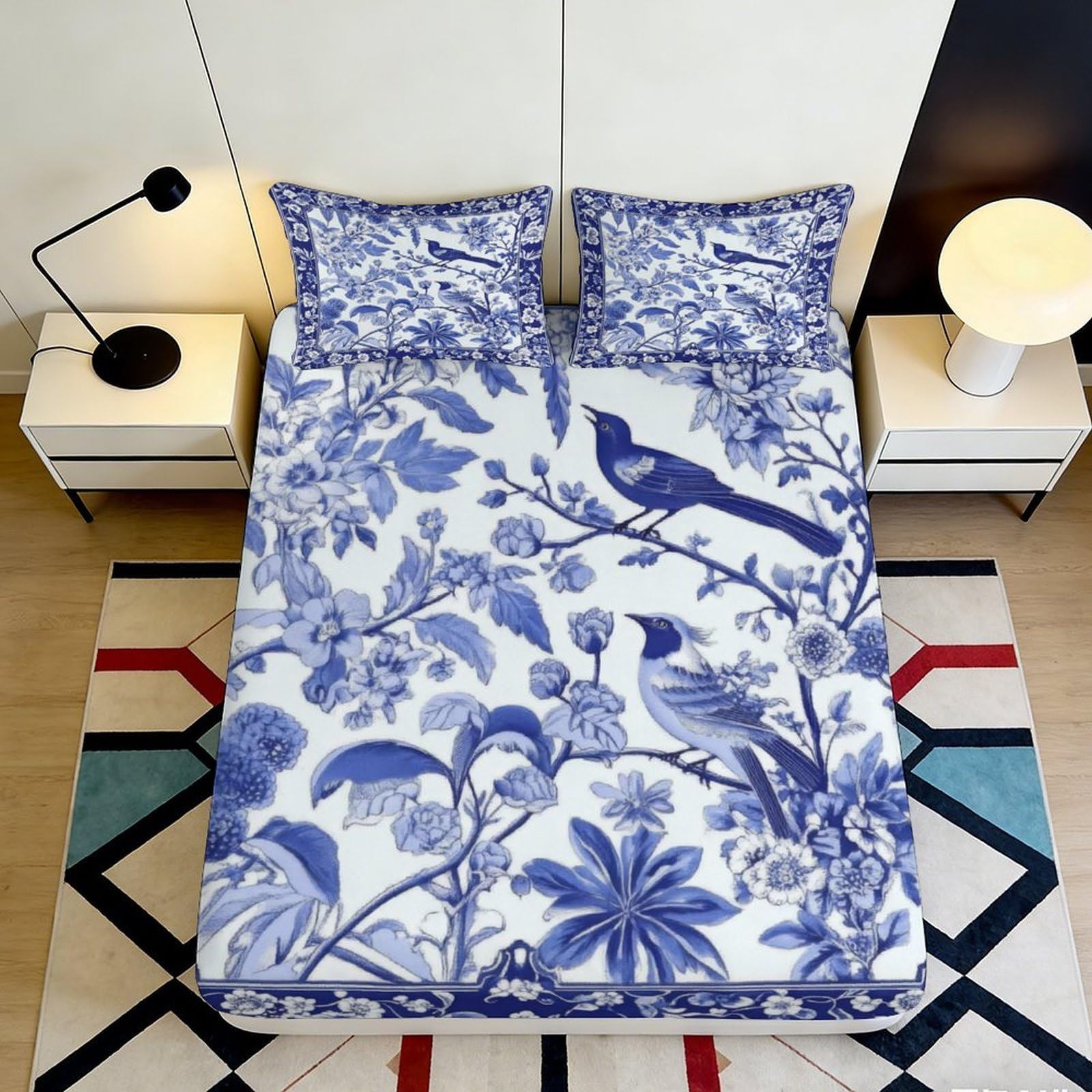 Dhbaneiok Style-2 3D Printed Blue Botanical Bird Fitted Sheet Microfiber Soft Bed Cover For Bedroom Guest Room Decor Mattress Protection 90X200x25cm