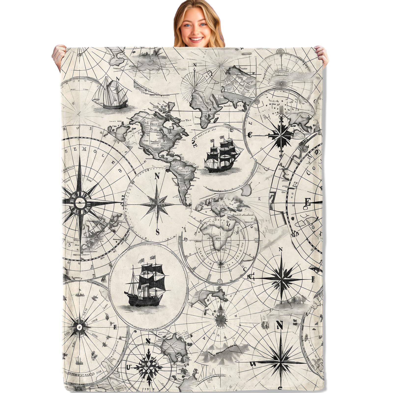 MIEPOS Vintage Nautical World Map Throw Blanket - 50x60in,Ultra Soft, Cozy Lightweight Flannel,Sailing Ship Retro Blankets - Gifts for Women &