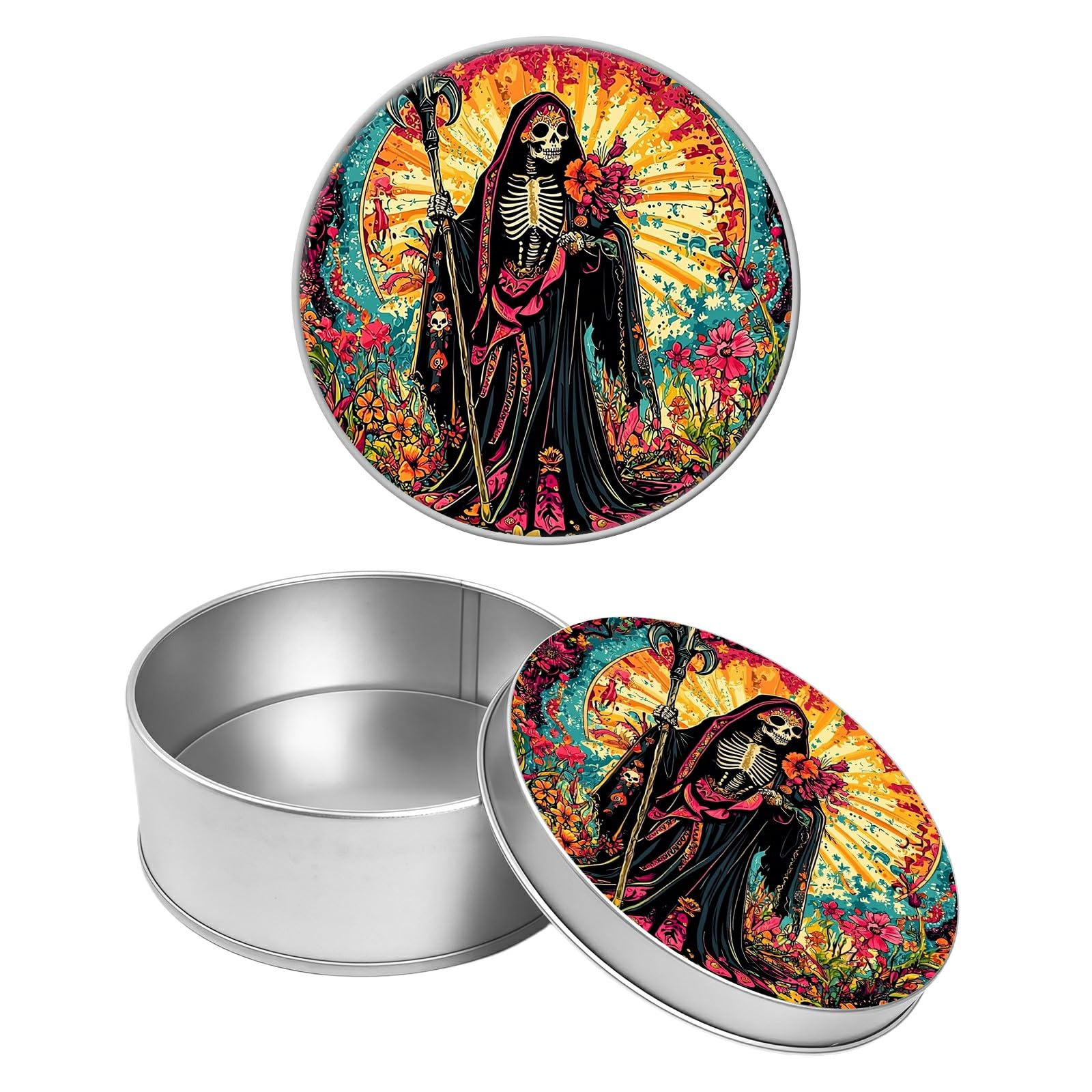 Round Metal Tin Container with Removable Lid, Abstract Flowers Skull Durable Metal Storage Box for Crafts Snacks Candies Office Supplies Small Items 3.54 x 1.38 inch– Single Pack
