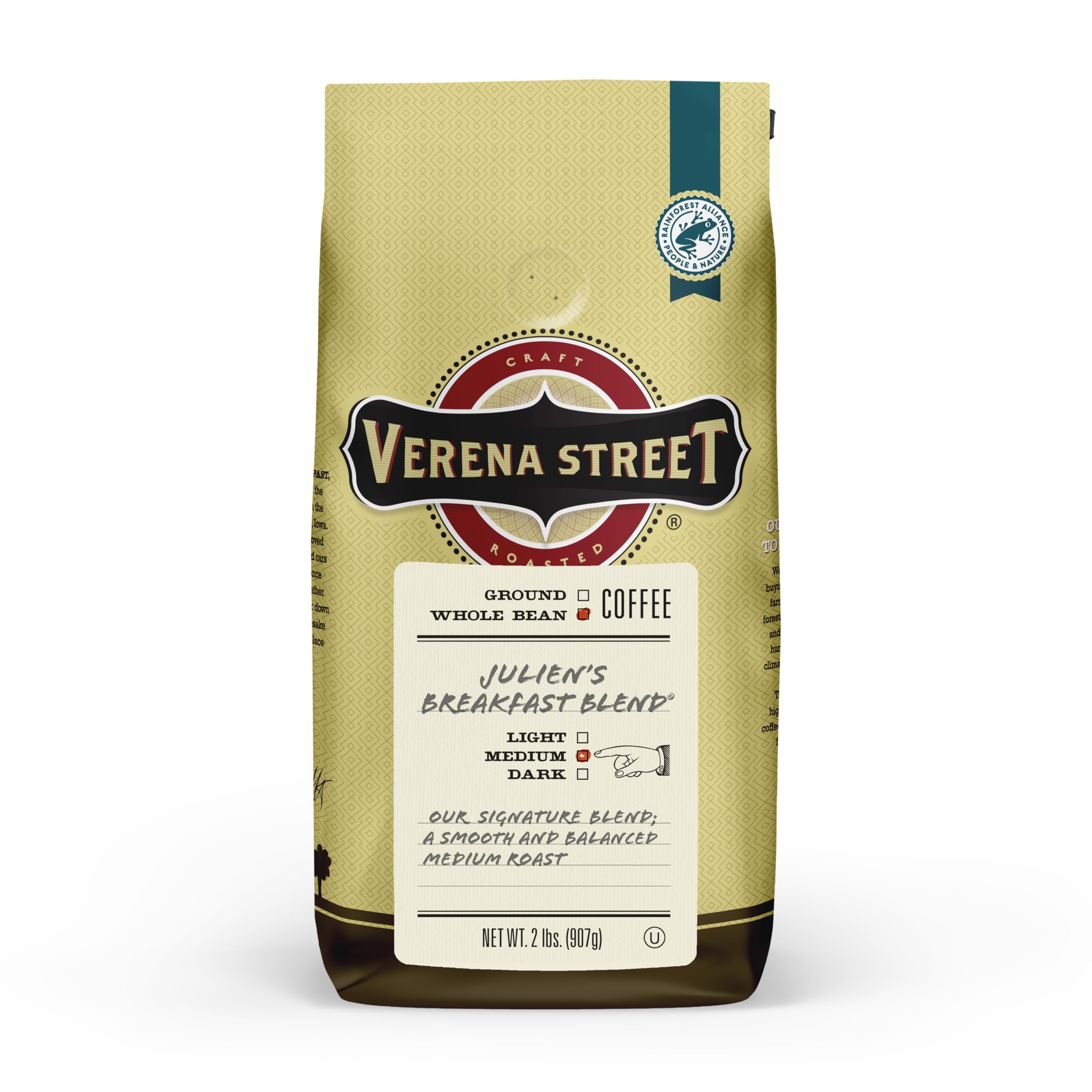 Verena Street 2 Pound Whole Bean Coffee, Medium Roast, Julien's Breakfast Blend, Rainforest Alliance Certified Arabica Coffee