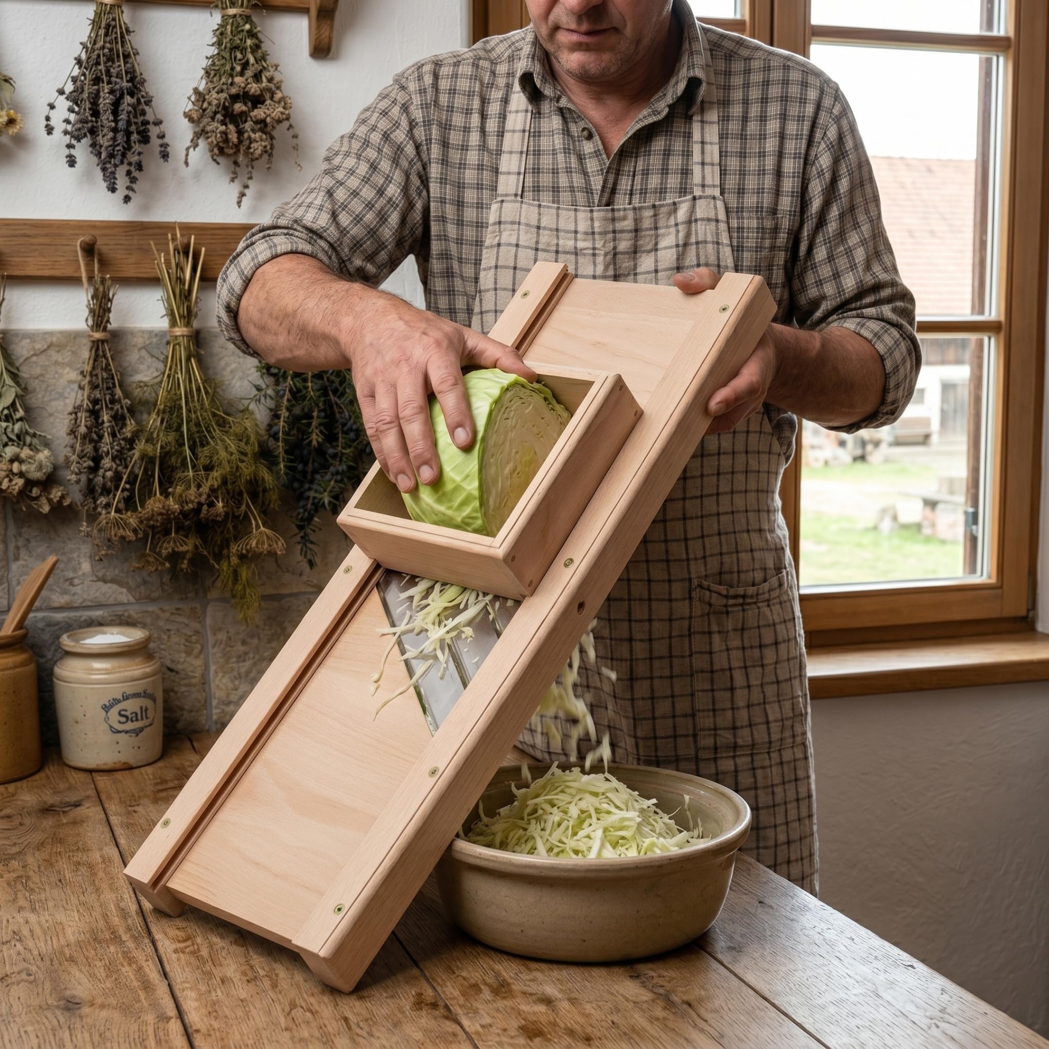 Hofmeister Productos De Madera Profesional-Mandolina para hierbas, cuadrado, 3 Acero inoxidable-Cuchillo y Cajón, Largo: 600 mm, Madera De Haya