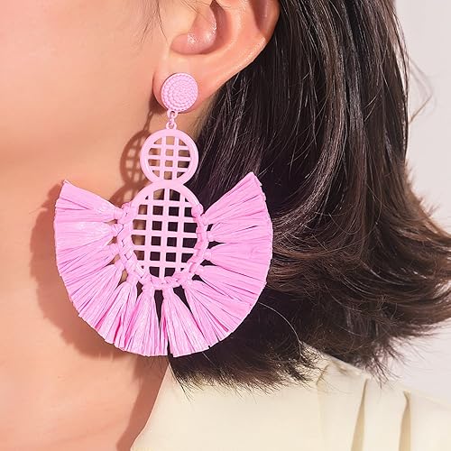 Miniatura 2 de Pendientes de borla de rafia bohemios, aretes colgantes lindos y divertidos, hechos a mano, de moda, para verano, playa, boda, joyería para mujer
